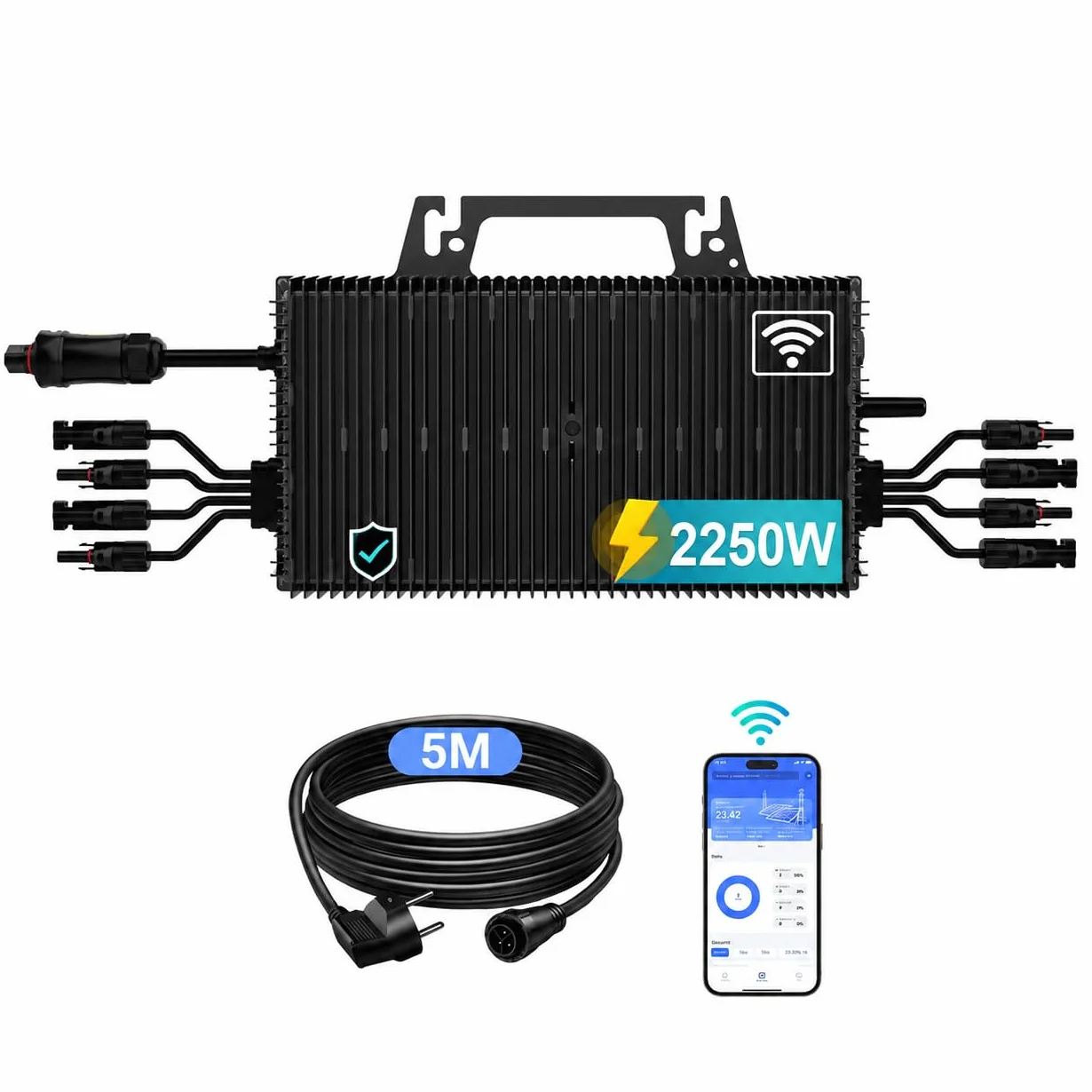 Microinversor 2250W, Inversor Solar PV con WiFi, IP67 Resistente al Agua, Cable AC 5m para Kit Solar de Balcón,4 MPPT Integrado, Aplicación Móvil Plug & Play