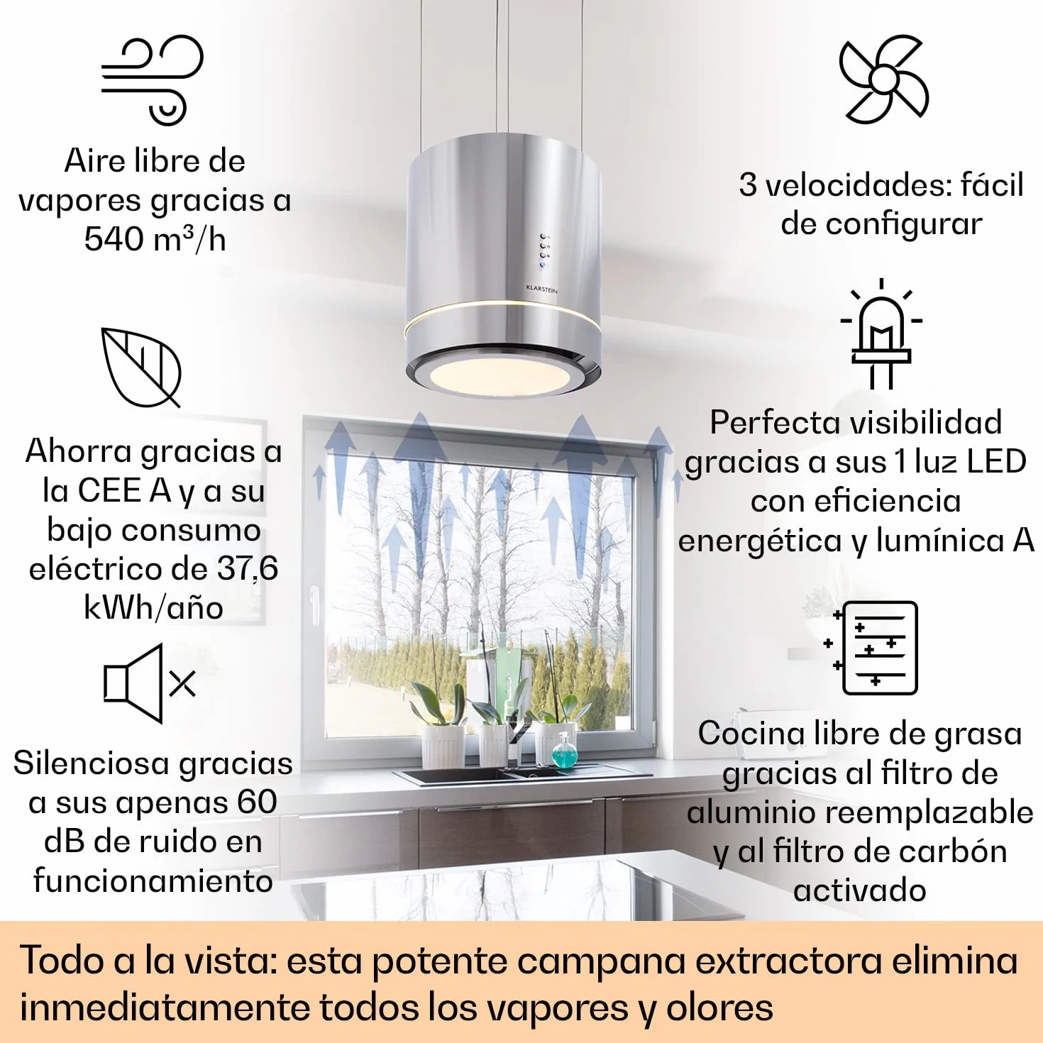 Klarstein Campana Isla Extractor Cocina 540m³/h Temporizador 3 Modos Filtros Carbón Activo
