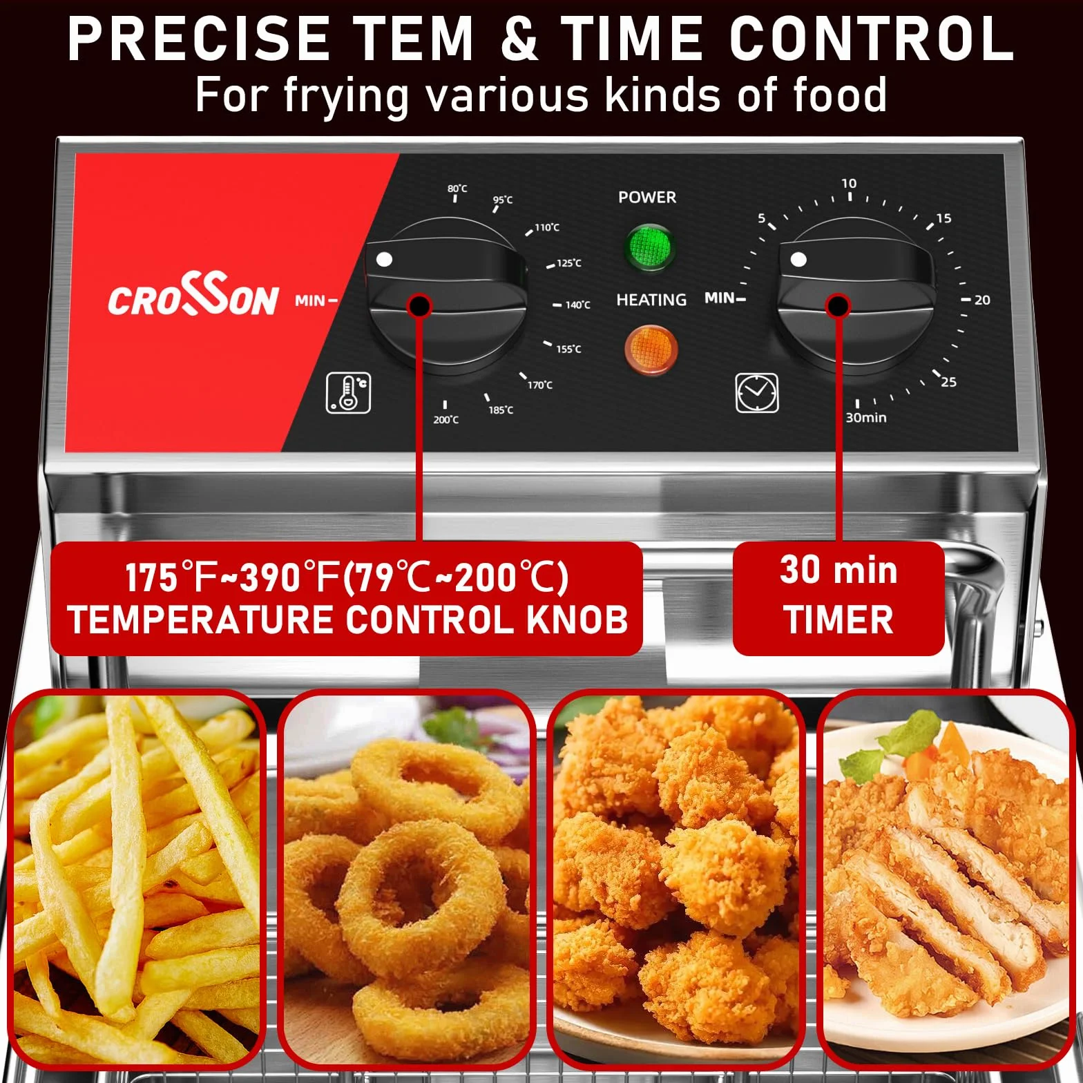 CROSSON 6L Freidora de Aceite Commercial,Freidora Eléctrica Profesional en Acero Inoxidable 3000W con Temporizador y Control de Temperatura,Cabezal de freidora oscilante