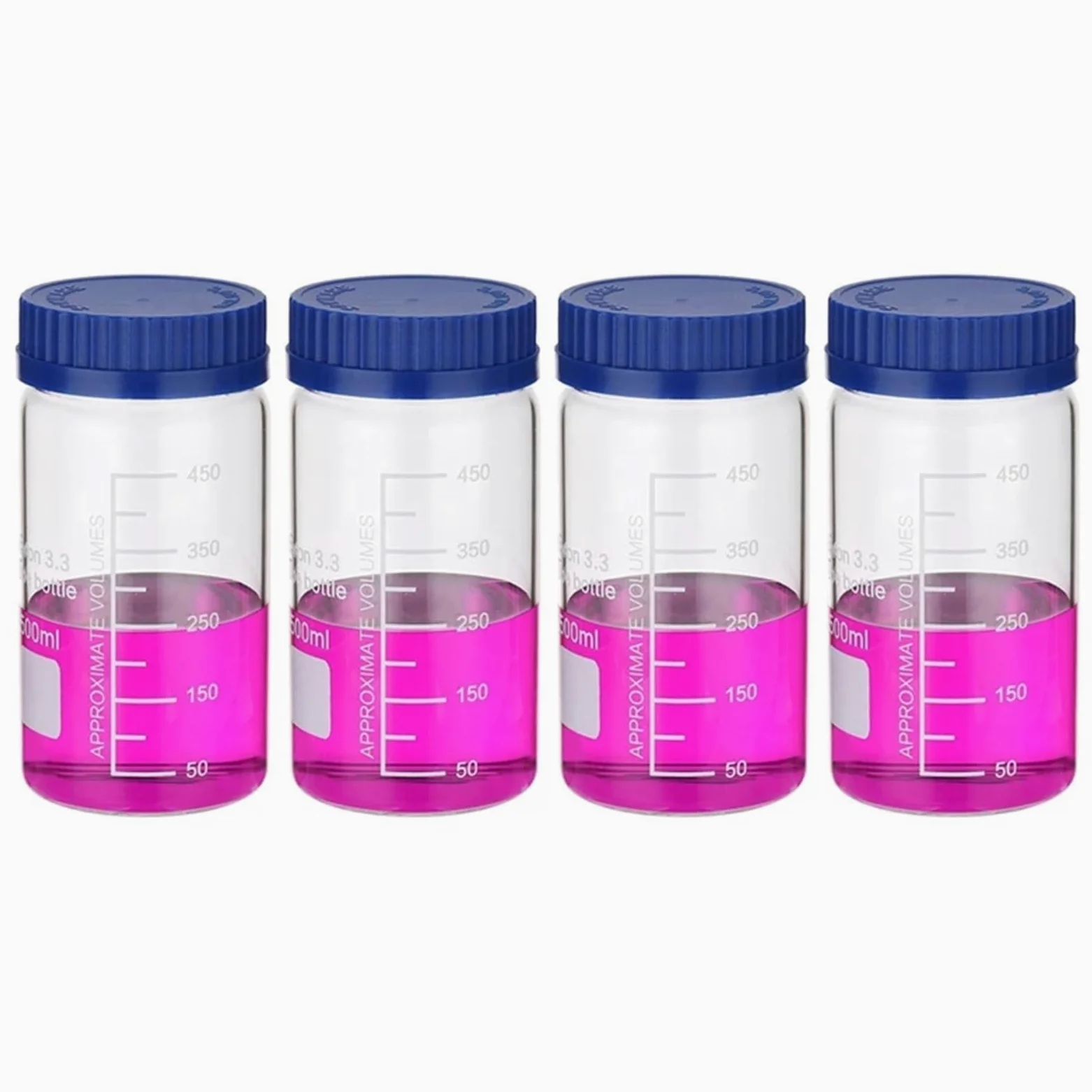 Frasco de vidrio para reactivos de laboratorio, Frascos de reactivos graduados de vidrio de borosilicato, 150 ml/250 ml/500 ml, tapón de rosca GL32, azul, paquete de 4(Blue 500ml)