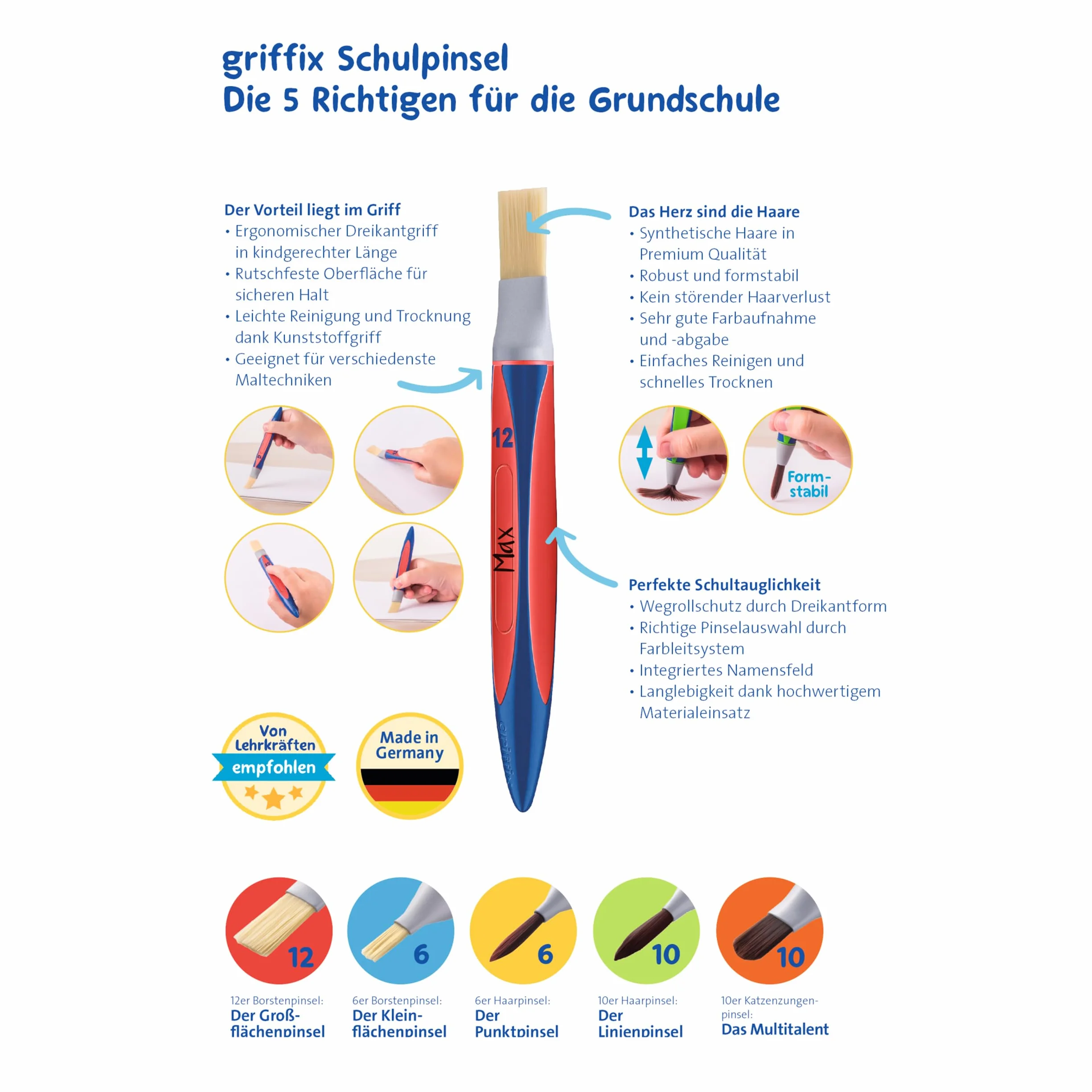 Pelikan Griffix Juego Pinceles Sintéticos para Niños Ergonómicos Lavables Pack de 5
