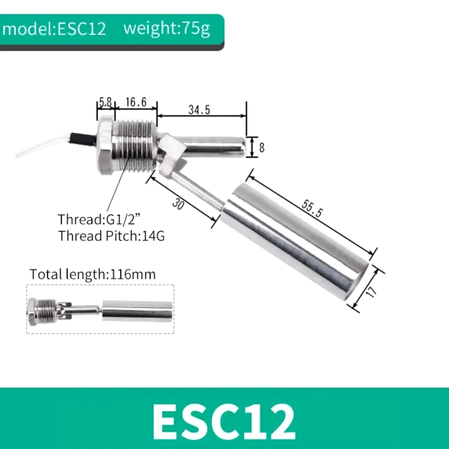 G1/2 Sensor de interruptor nivel agua lateral ESC11 ESC12 ESC19(Normally open 220V)