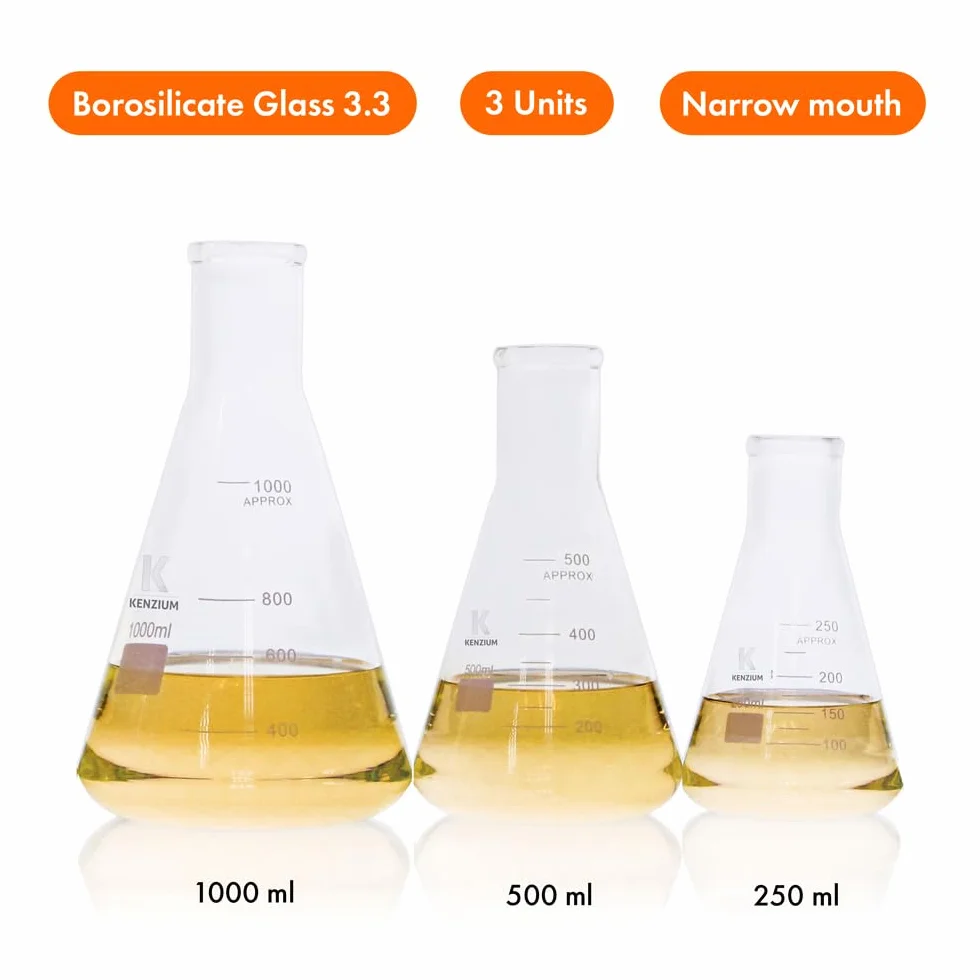 KENZIUM - Pack 3 x Matraces Erlenmeyer | 3 Medidas: 250 ml 500 ml y 1000 ml | Vidrio Borosilicato 3.3 | con Graduación Impresa | de Boca Estrecha | Ideal Laboratorio y Educación