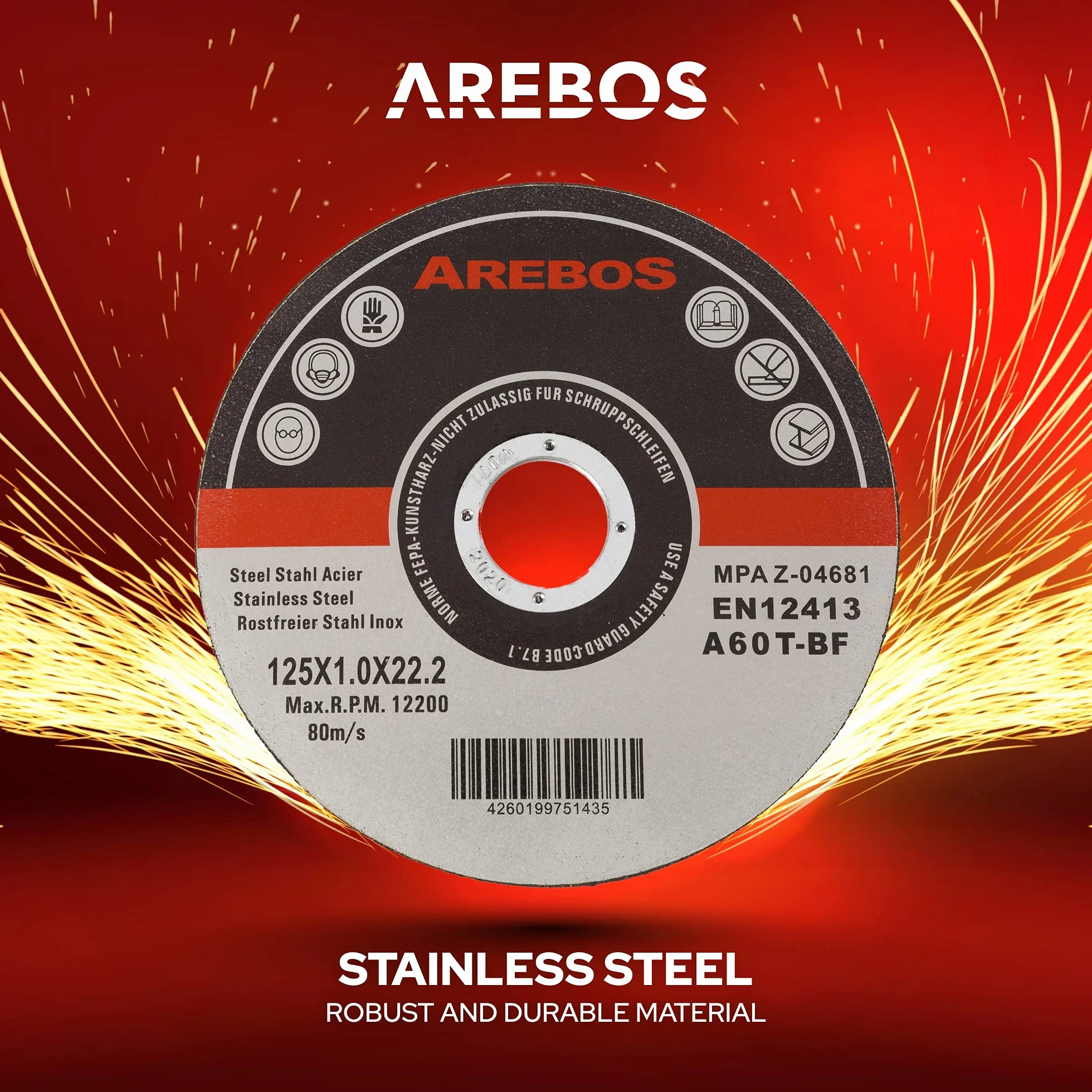 Arebos Discos de corte 400 piezas | Ø 125mm x 1mm x 22,2mm | apto para acero, acero inoxidable, inox, hierro, chapa, metal | avance y retroceso | certificado EN 12413 | (MPA)