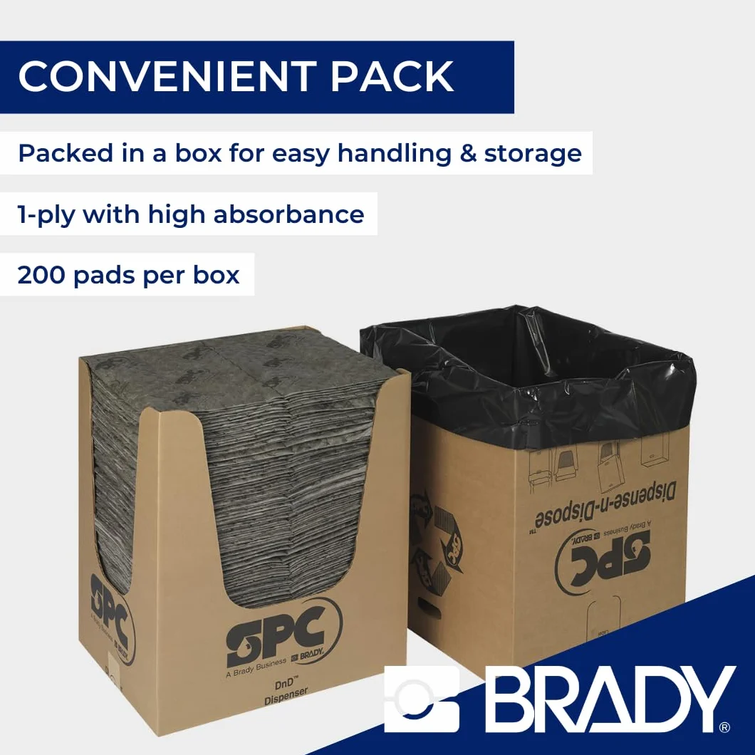 SPC® by Brady Almohadillas Absorbentes Universales – Pack de 200, 1 capa, Sellados y Perforados, 40 cm x 50 cm, Alta Absorción para Aceites, Agua, Disolventes y Refrigerantes