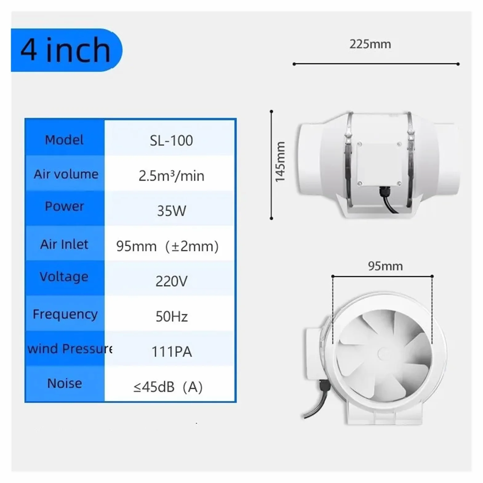 1 ventilador de extracción de 4 pulgadas, 220 V, silencioso, for conducto de tubería doméstica.(5 inch)