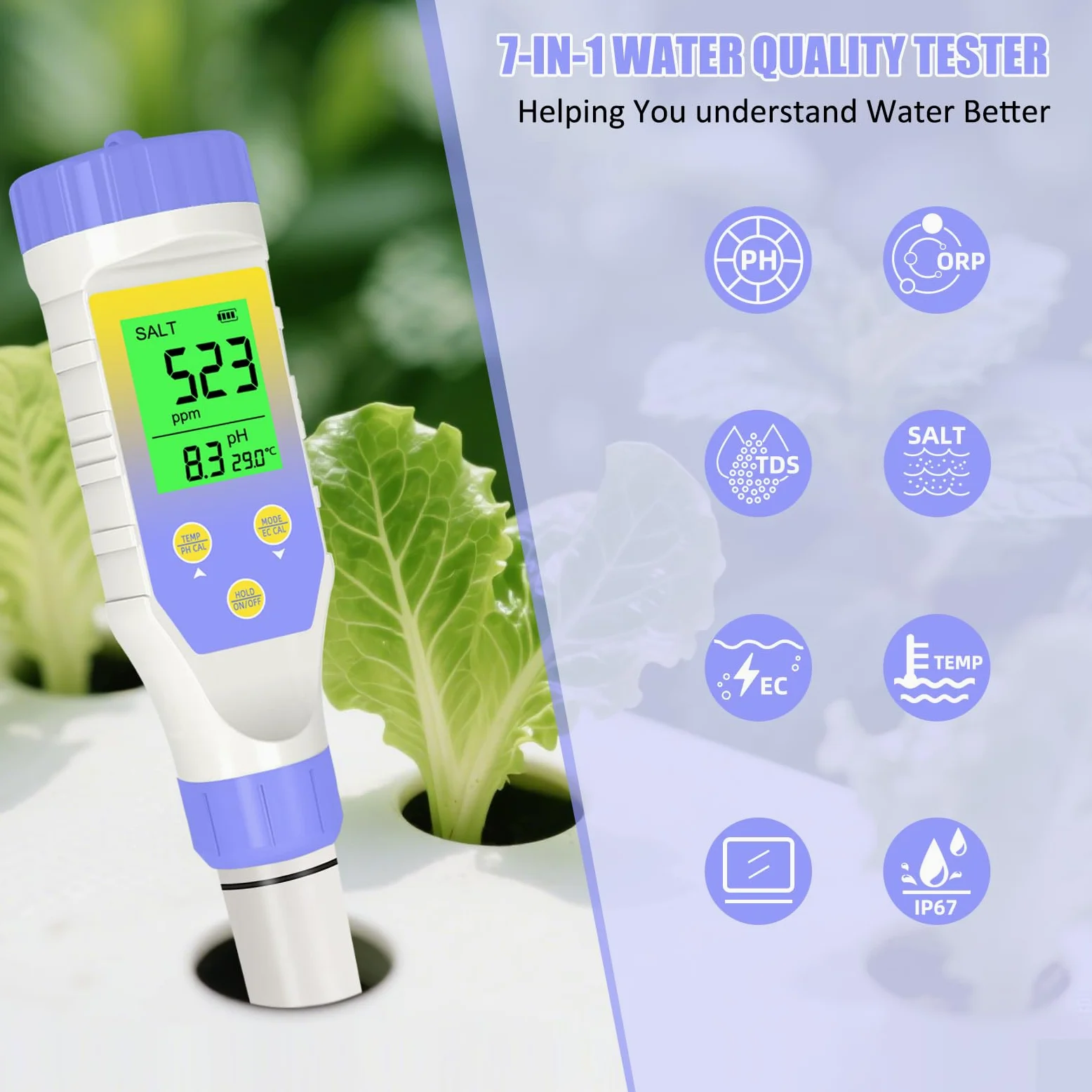 Medidor de pH y TDS, probador digital de pH para agua, 5 en 1 pH/TDS/EC/salinidad/temperatura, probador de agua para beber en el hogar, piscina y acuario, con resolución 0.01
