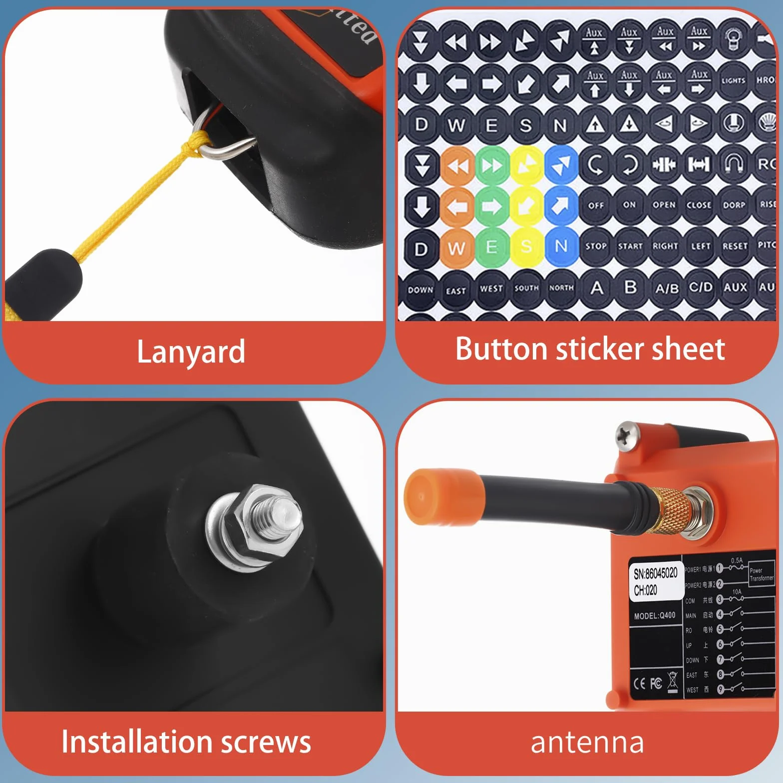 Control remoto industrial inalámbrico de 2 botones para grúa y polipasto eléctrico 12-24V | Mando radio para polipasto eléctrico de cadena y puente grúa, emisor y receptor con botón de parada de emergencia.