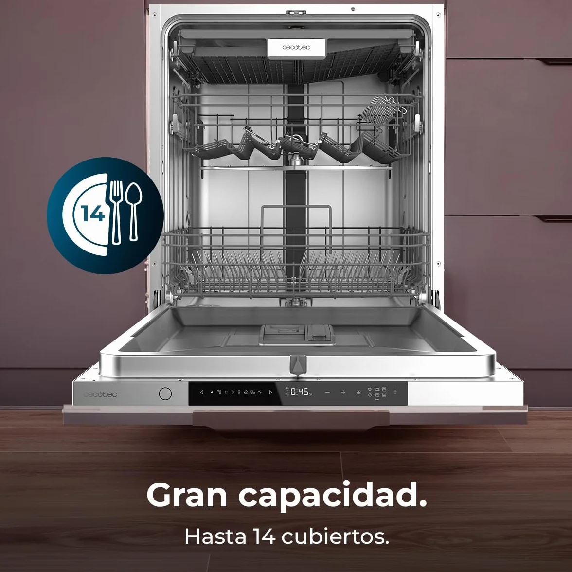 Cecotec Lavavajillas Integrable 60cm Bolero Aguazero 8001 Full BI B. 14 Cubiertos, 8 Programas, Motor Inverter Plus, 3º Bandeja, Control Táctil, O2 Dry, Filtro Antibacteriano