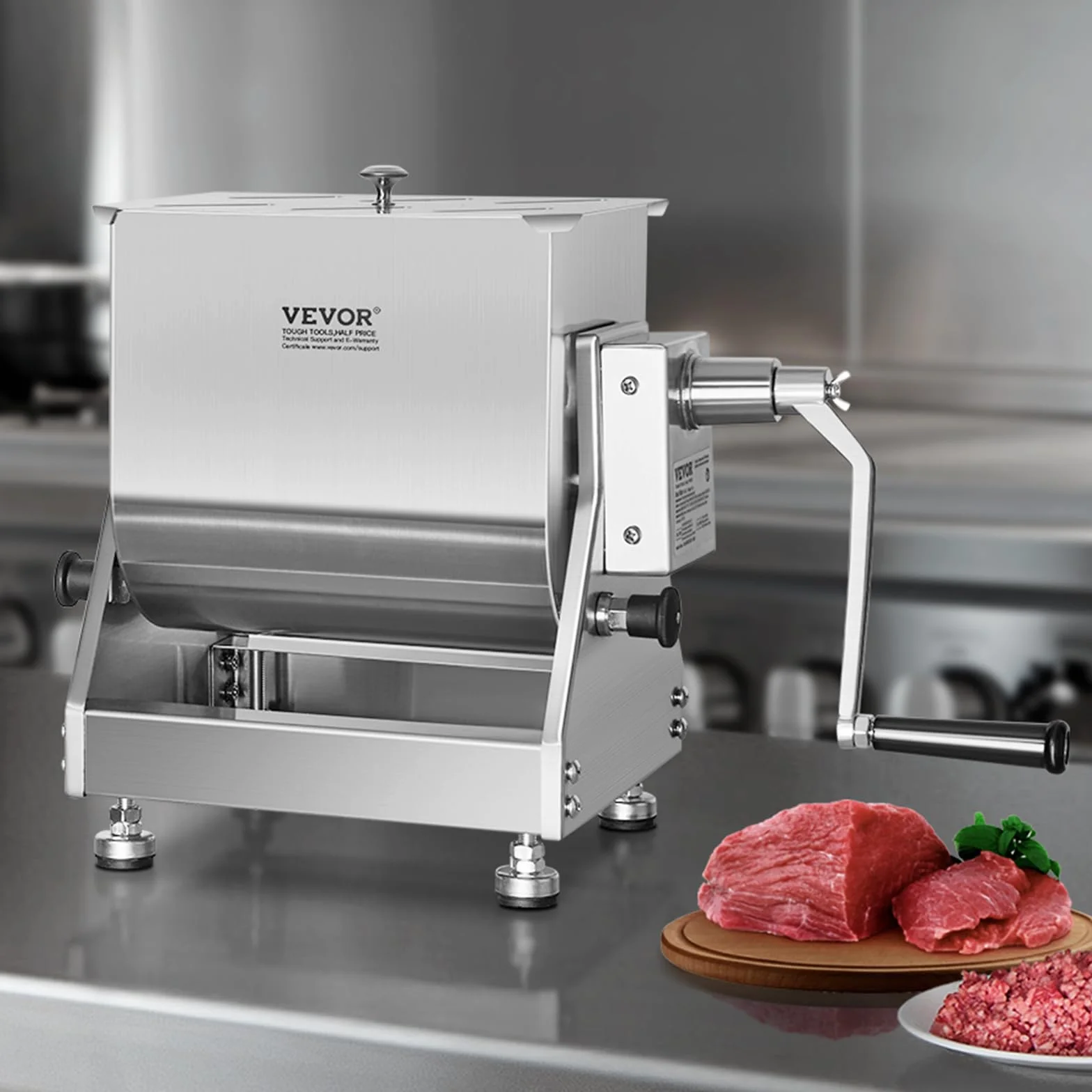 VEVOR Mezcladora de Carne Manual Tanque Basculante Equipo de Procesamiento de Carne Mezcla Máxima de 13,6 kg Mezcladora de Salchichas de Acero Inoxidable con Tapa, Manija, Reductor de Engranajes