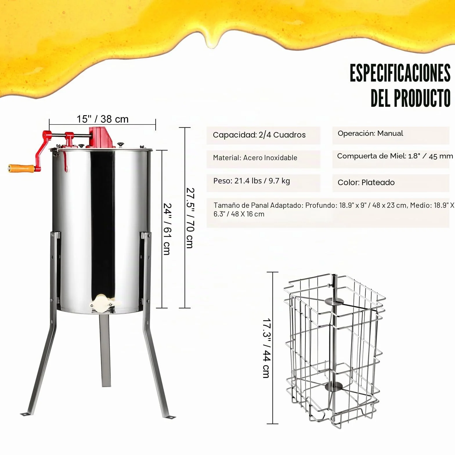 VEVOR Extractor de Miel Manual 2/4 Marcos Centrífuga Separador de Miel de Acero Inoxidable con Tapa Adecuado de Panal Tamaño Profundo 48x23 cm Tamaño Mediano 48x16 cm Altura Regulable para Apicultura
