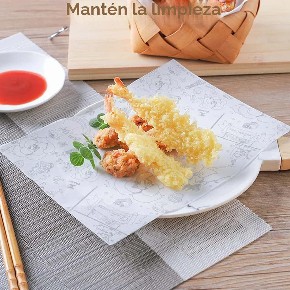 Papel Antigrasa Alimentos 36×26 cm Papel Encerado Resistente al Aceite para Cocina Hamburguesas Papas Fritas