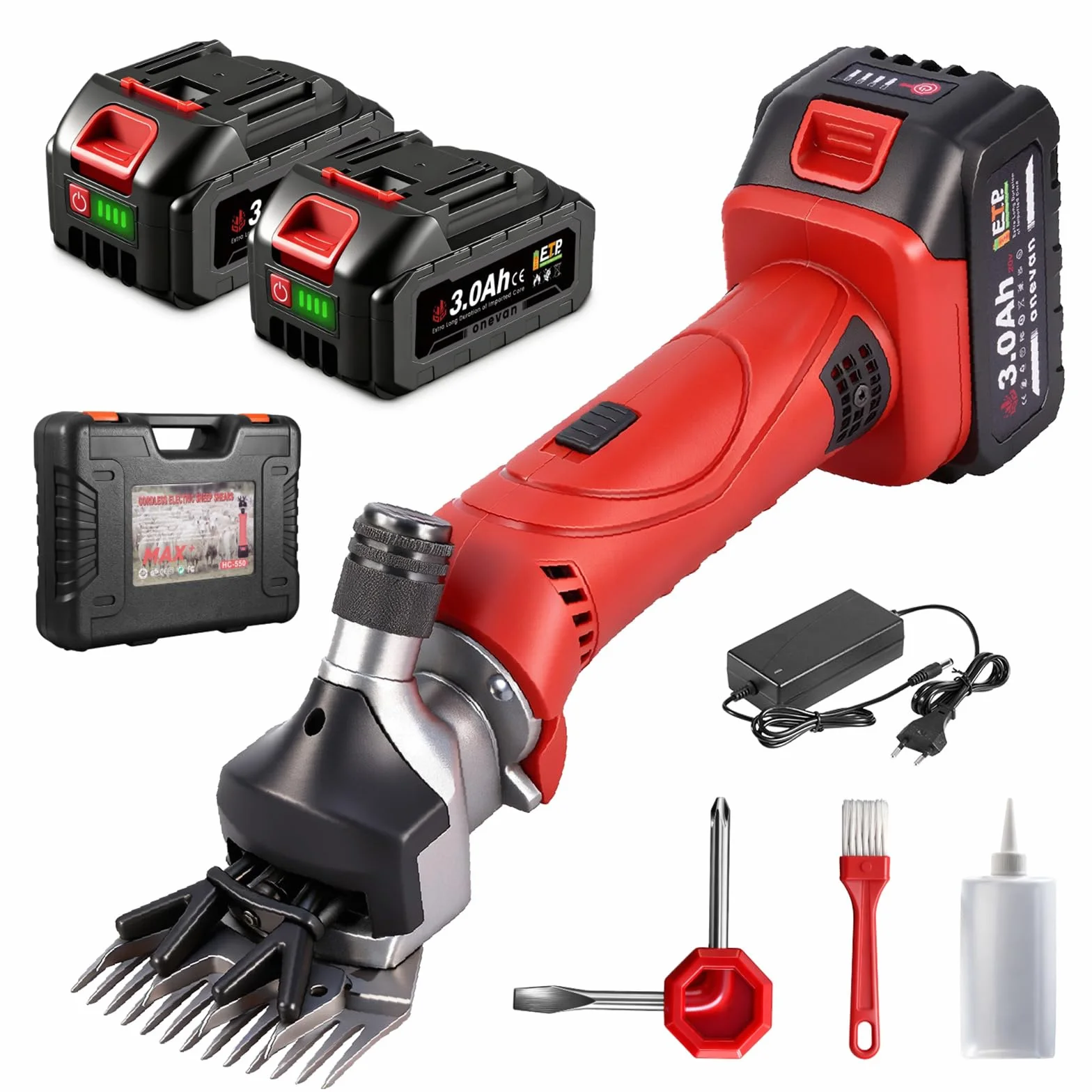 ONEVAN Esquiladora de ovejas, Cortapelos Para Ovejas de 500 W con 6 velocidades, 13 dientes, 2 baterías de 3.0 Ah, esquiladora inalámbrica para ovejas, alpacas (Rojo)