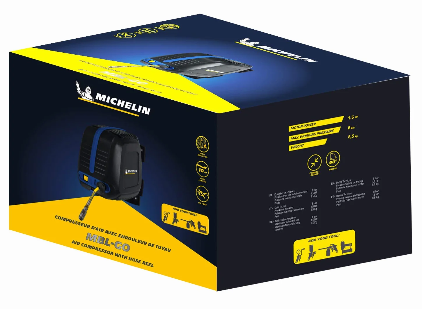 MICHELIN - Compresor de aire mural MBL GO con enrollador de manguera - Manguera de 10 metros - Soplador incluido - Sin tanque - Sin aceite - Motor de 1,5 CV - Presión máxima 8 bar