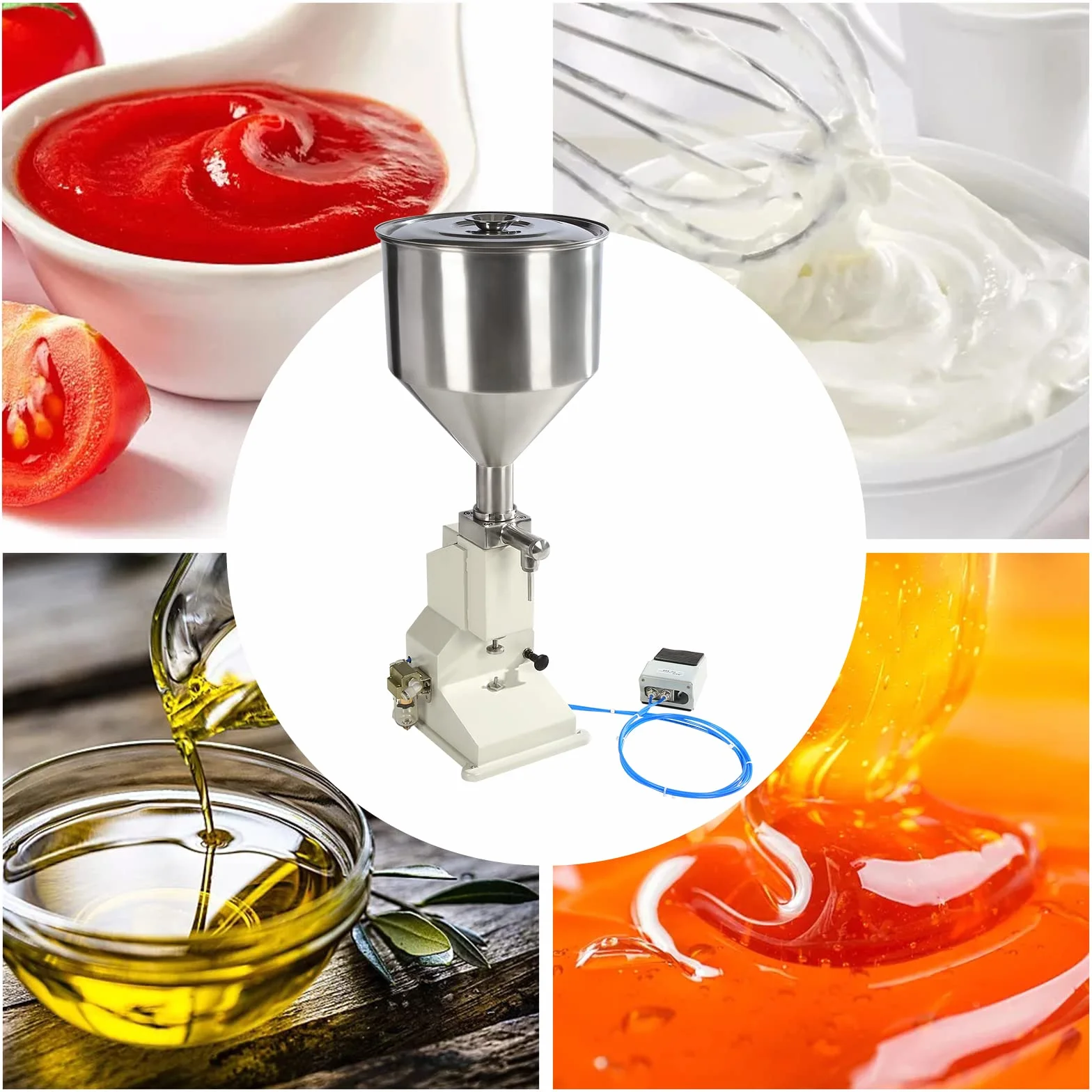 Máquina de llenado neumática, carrera de llenado de 5-50 g Máquina de llenado de pasta neumática con tolva Máquina de llenado de líquido de pasta de acero inoxidable Máquina de llenado de botellas