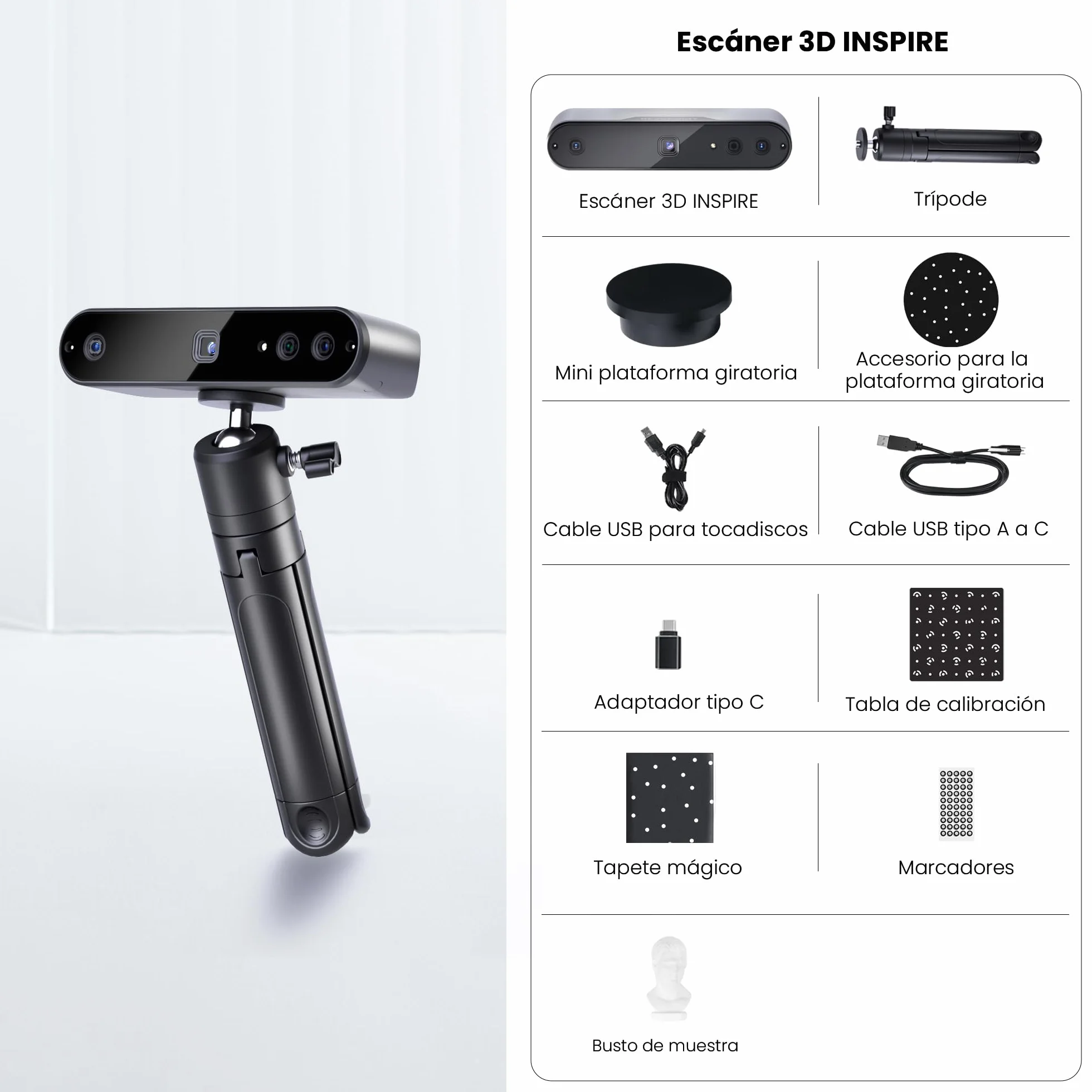 Revopoint INSPIRE 3D Scanner para impresión 3D portátil, escáner de modelo 3D con velocidad de escaneo de hasta 18FPS y precisión de 0.2mm, escaneo en color completo compatible con Android/iOS/Mac/Win