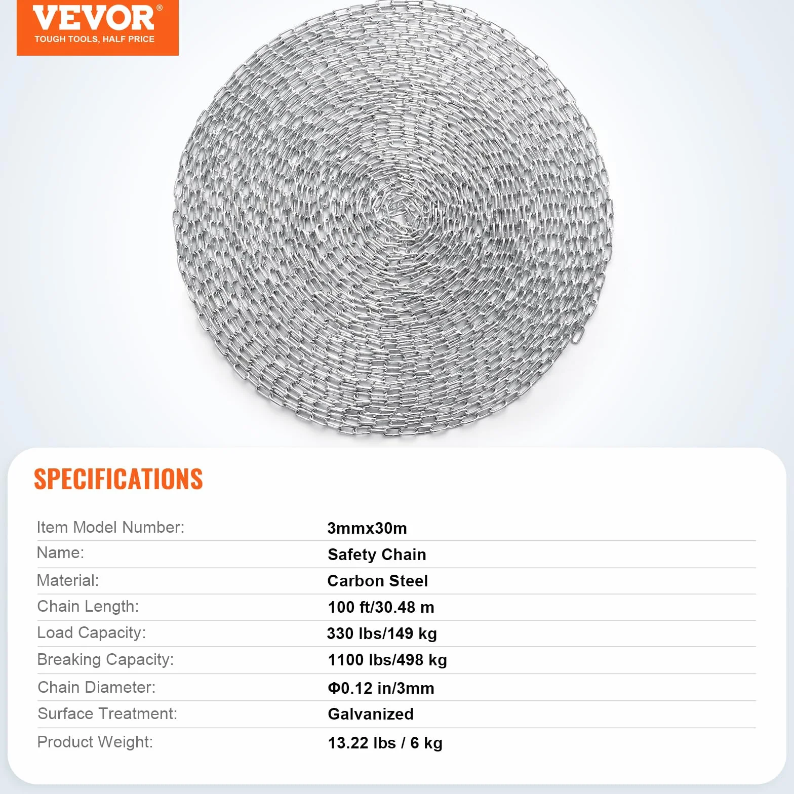 VEVOR Cadena de Eslabones de Acero al Carbono Galvanizado 3mm x 30,48m Cadena Helicoidal de Servicio Pesado Capacidad de Carga de 149 kg Dos Conectores Rápidos Cadena para Remolcar, Colgar, Acampar
