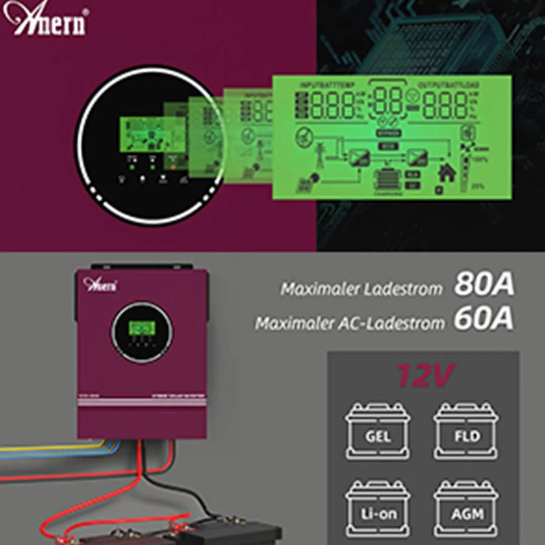 Anern 12V 2KW Inversor Solar híbrido Fuera de la Red Inversor Solar DC12V A AC230V con Cargador Solar MPPT de 80A Máx PV 400V DC Funciona con Acumuladores de Baterías de Litio de 12V