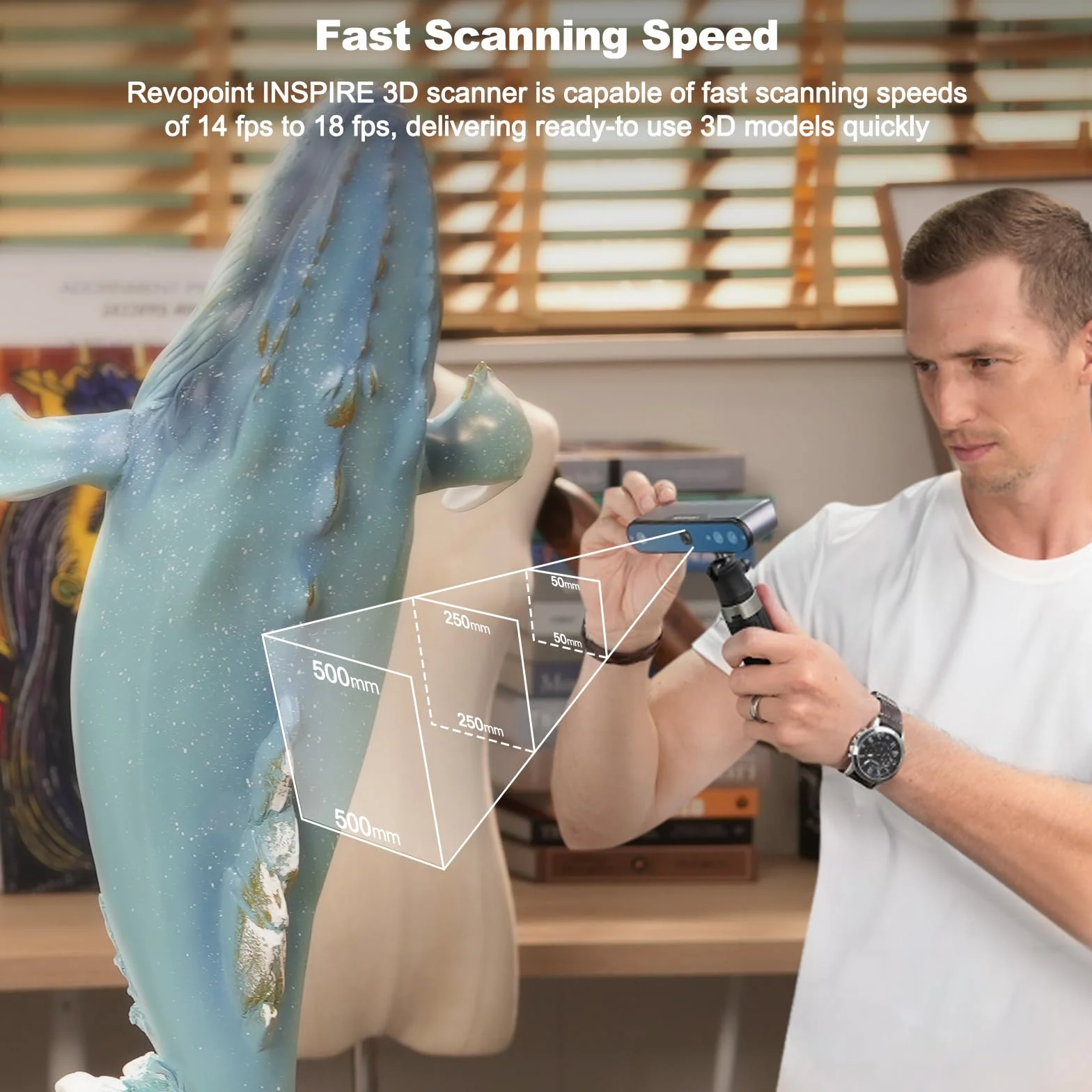 Revopoint Escáner 3D Inspire para impresión 3D, precisión de 0,2 mm, velocidad de escaneo de 18 FPS, modelo 3D portátil, escaneo estable con IMU, escáner 3D de infrarrojos con plato giratorio