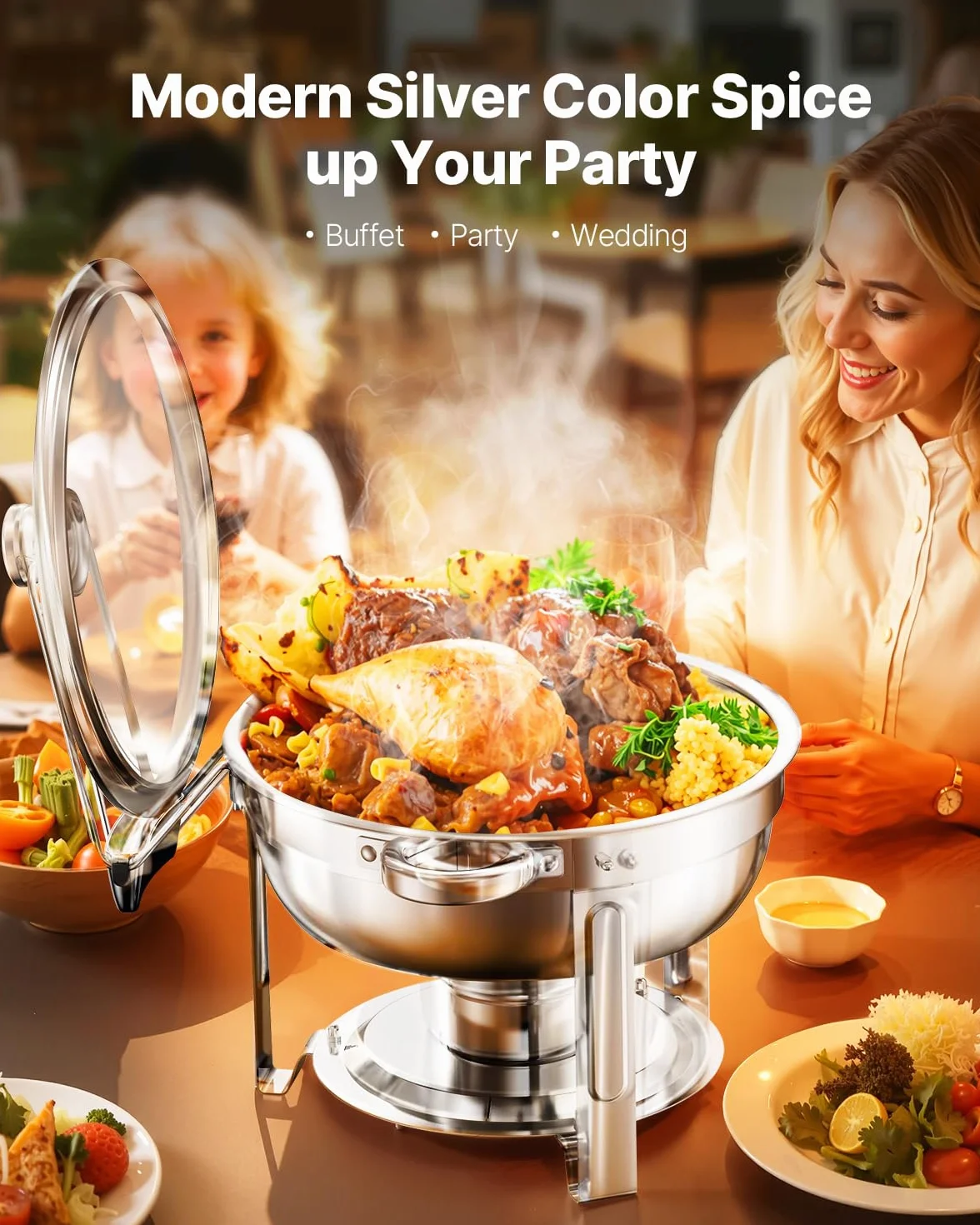 VEVOR Calentador de Alimentos con 2 Recipientes 4,7 L, Redondo, para Catering, Tapa de Vidrio, Soporte Plegable, Bufé