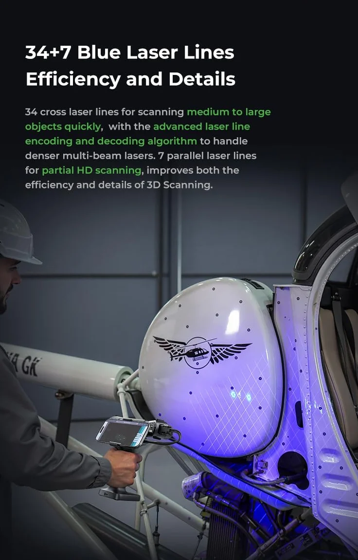 Creality RaptorX - Escáner 3D para impresión 3D, escáner 3D de mano inalámbrico, precisión de 0,02 mm, 34+7 líneas láser azules y escáner NIR, Wi-Fi 6, seguimiento antivibración, soporte para objetos
