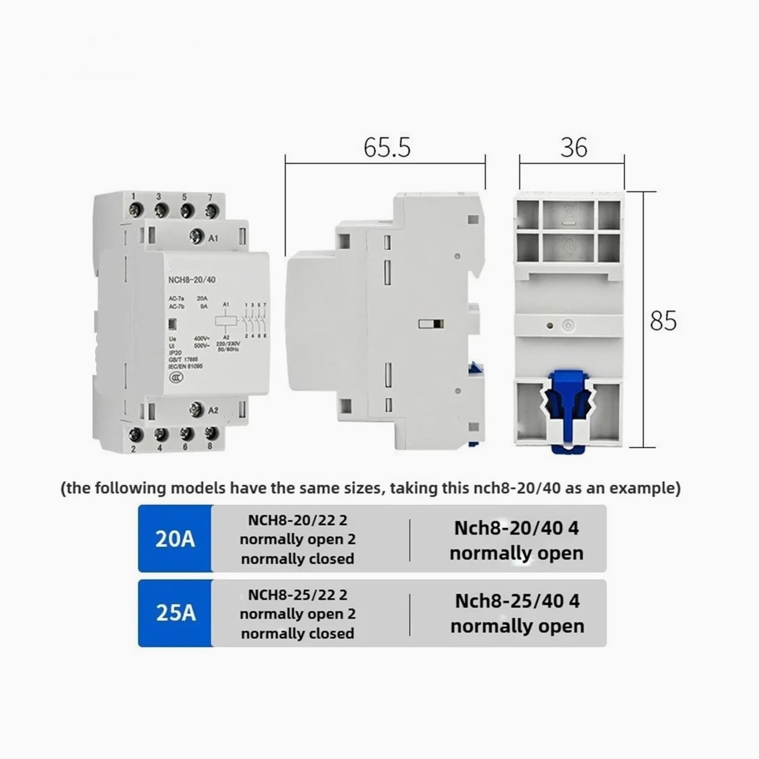 NC H8 20A 25A 40A 63A Rail hogar AC Contactor Modular | For el hogar 2NO 2NC 1NO1NC 2NO2NC 4NO 220V/230V contactor 220v(NCH8-63A,1NO1NC)