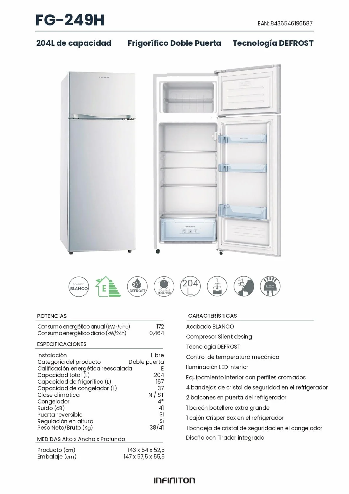 INFINITON Frigorifico Dos Puertas FG-A145B 200 Litros 143 cm Defrost LED Interior Blanco