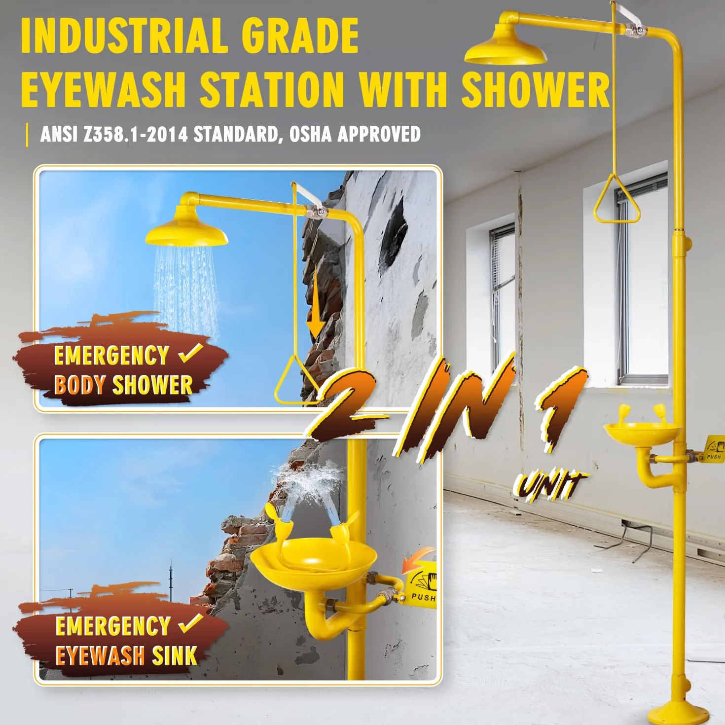 CGOLDENWALL Estación Combinada de Ducha de Emergencia y Lavado Ocular, Cuerpo Completo Acero Inoxidable 304 con Revestimiento ABS, Lavado Ocular 12L/Min & Ducha 75,7L/Min, para Fábrica, Lab, Industria