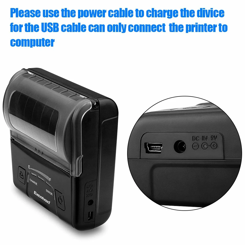 EXCELVAN E300 - Impresora Térmica de Recibos y Billetes (Bluetooth Inalámbrica, Portátil, USB, 90Mm/seg, 80mm, ESC/POS, para Pos Terminal Punto de Venta), Negro