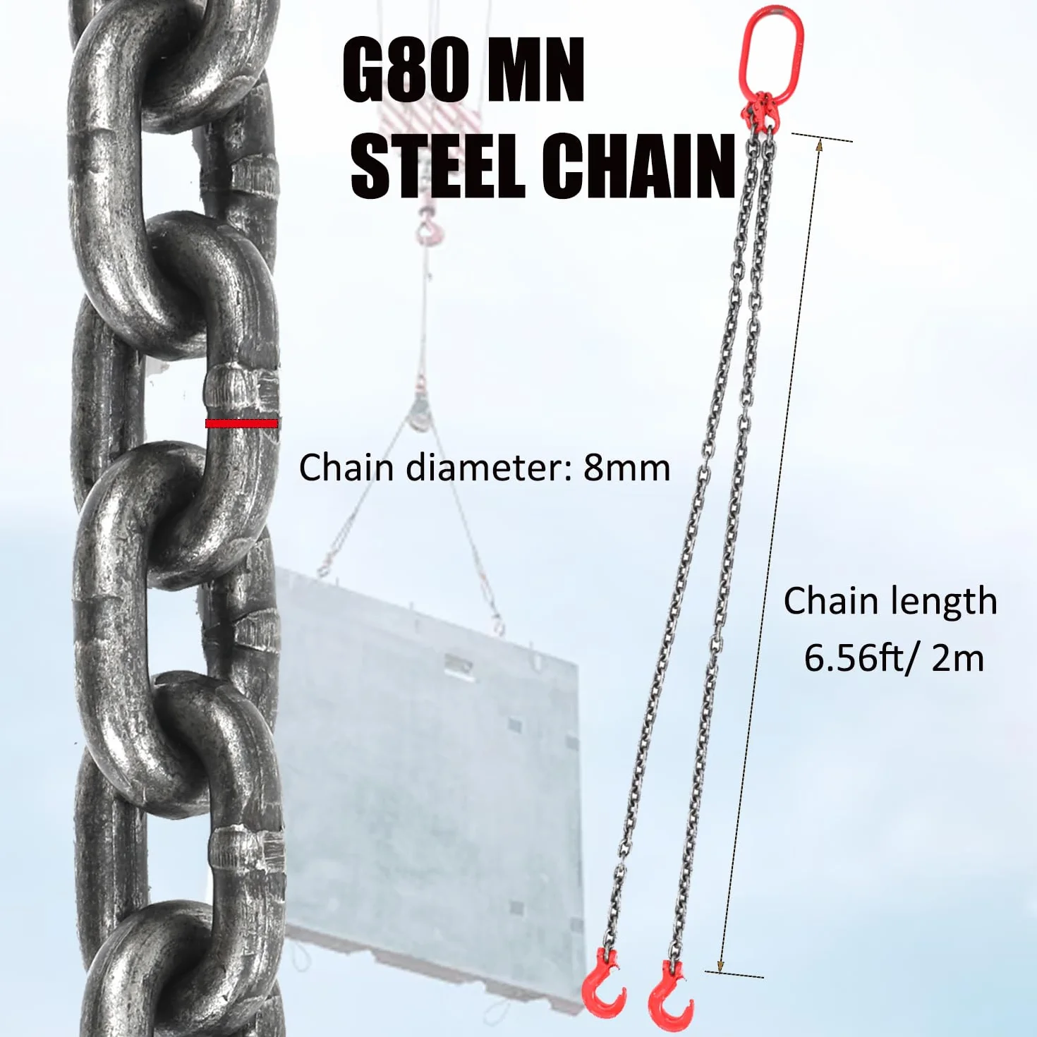 Cadenas de Elevación G80, Cadena de 2 Hebras, Eslinga de Carga 1,5M, Acero Aleado