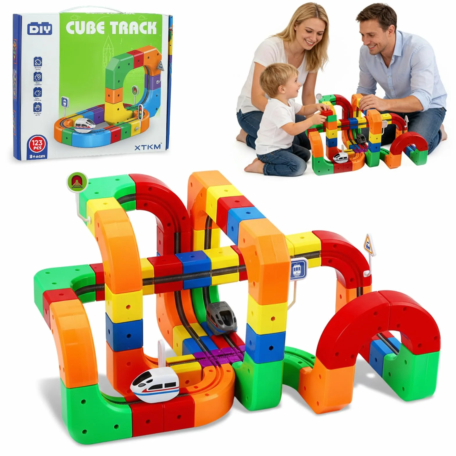 Juego de Trenes de Cubos mágicos 123 Piezas, Tren eléctrico 3D, Pista Flexible, Juguete construcción motorizado