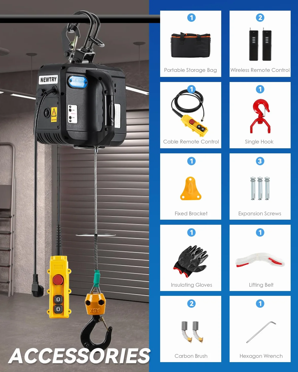 NEWTRY Polipasto Eléctrico 500KG PRO, 1600W Cabrestante Eléctrico 9m Elevación con Mando a Distancia Inalámbrico 100m y Mando con Cable 5m, Ganchos Dobles Más Seguros, Con Manual en Español