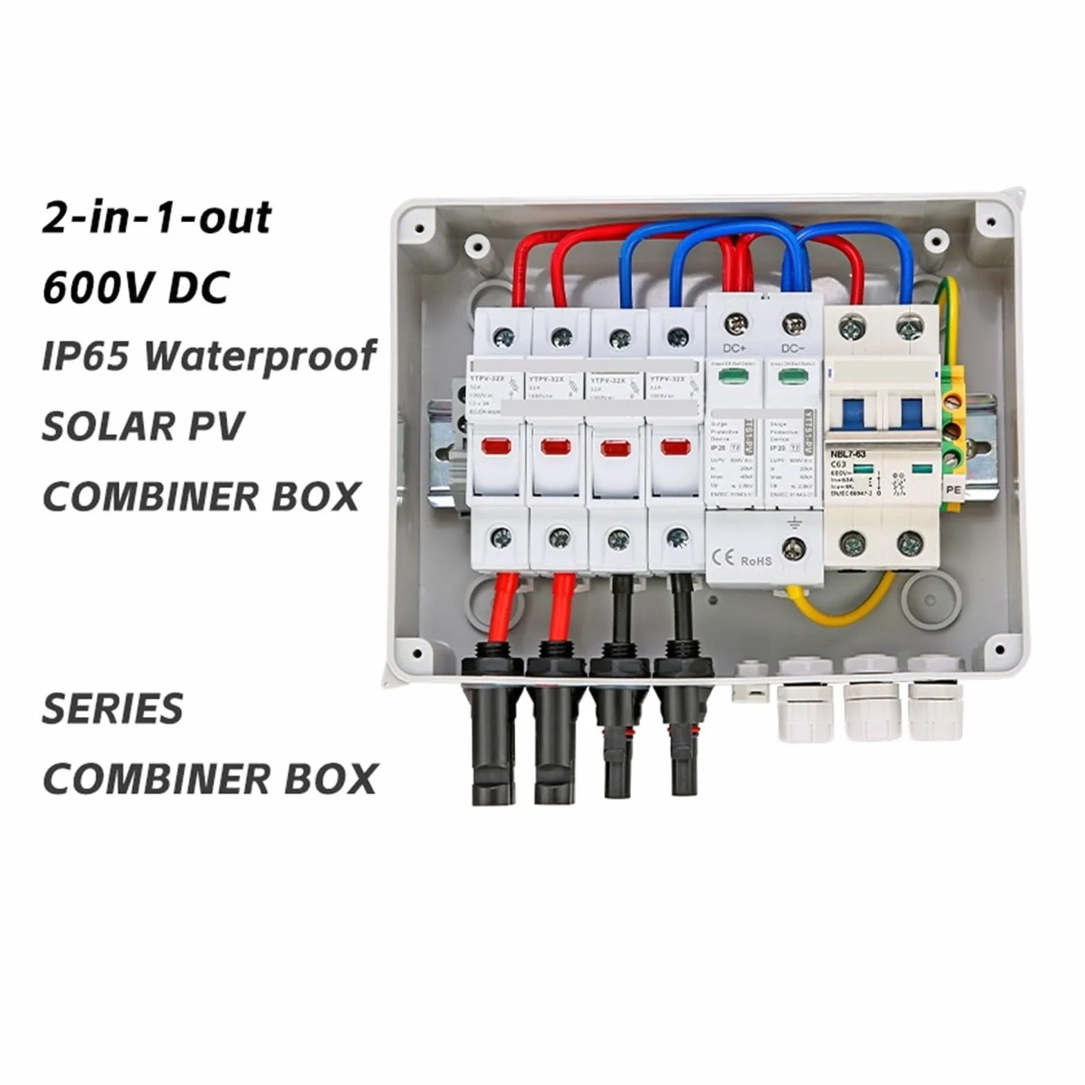 Caja del combinador Solar Caja combinadora fotovoltaica Solar con protección 2 en 1 Salida DC 600 V Fusible MCB SPD Caja IP65(DC Fuse 30A)