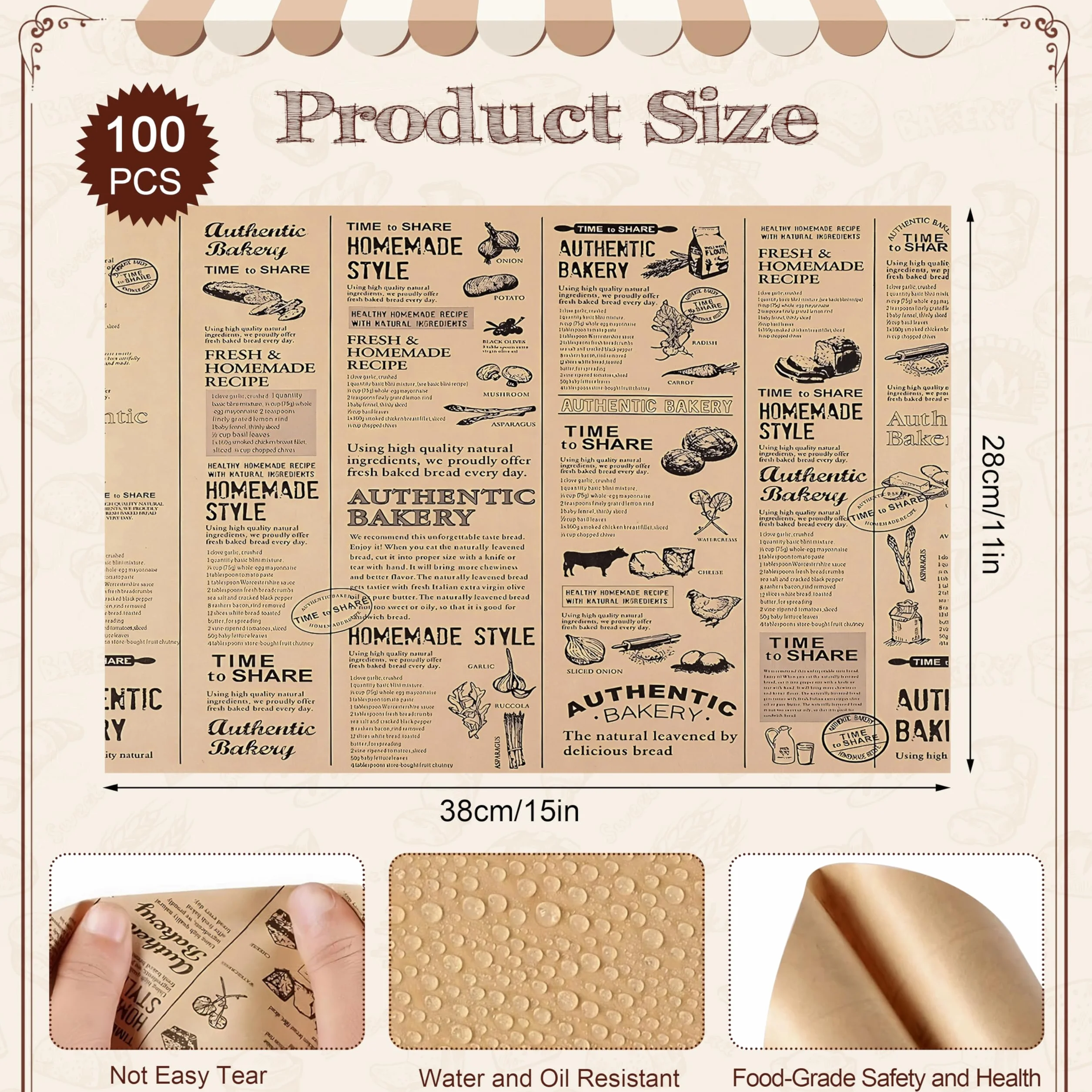 Papel Encerado Impreso para Alimentos 28 × 38cm Forros de Cesta a Prueba de Grasa Antigrasa