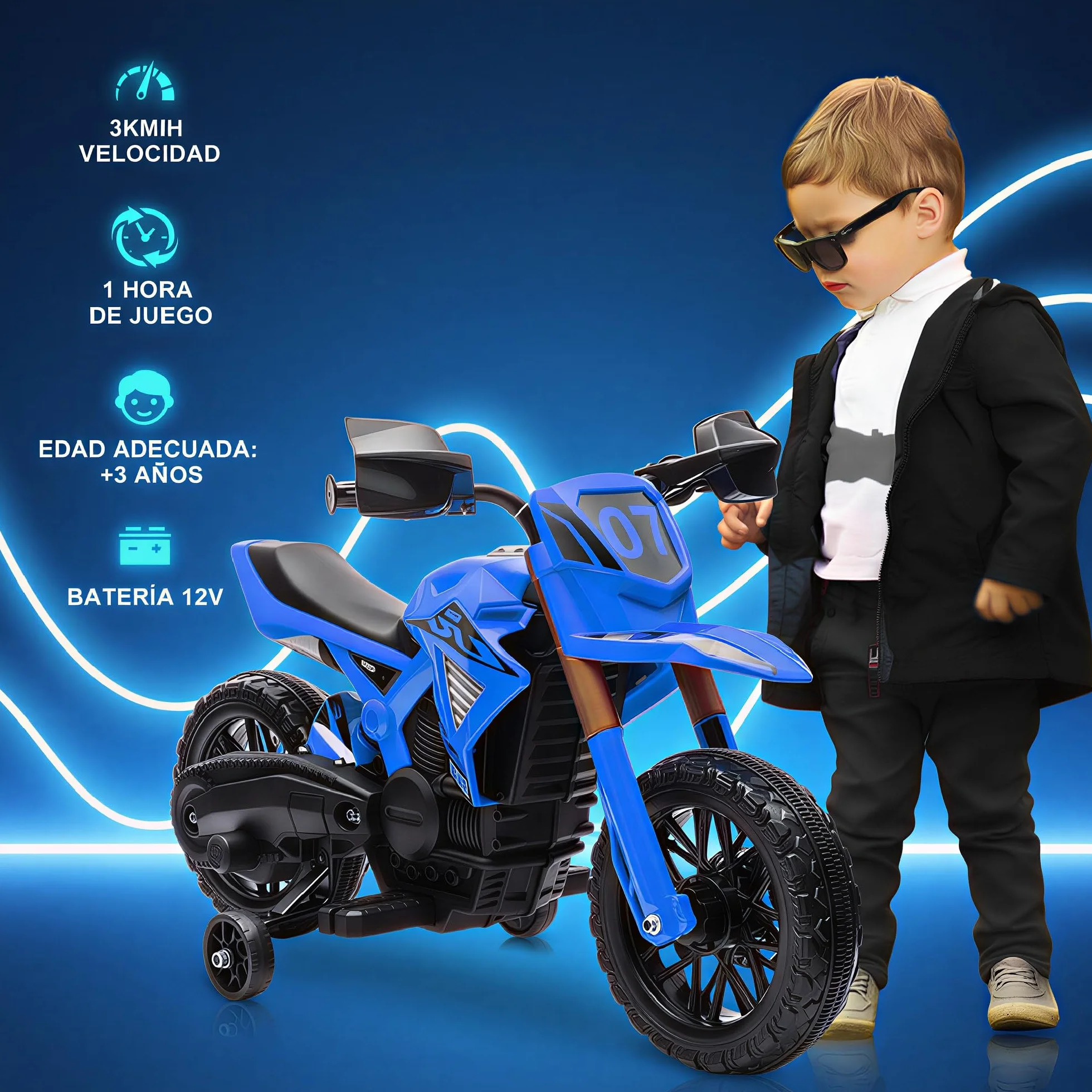 AIYAPLAY Moto Eléctrica para Niños 12V con Ruedas de Entrenamiento Acelerador Bocina Carga 30 kg Azul