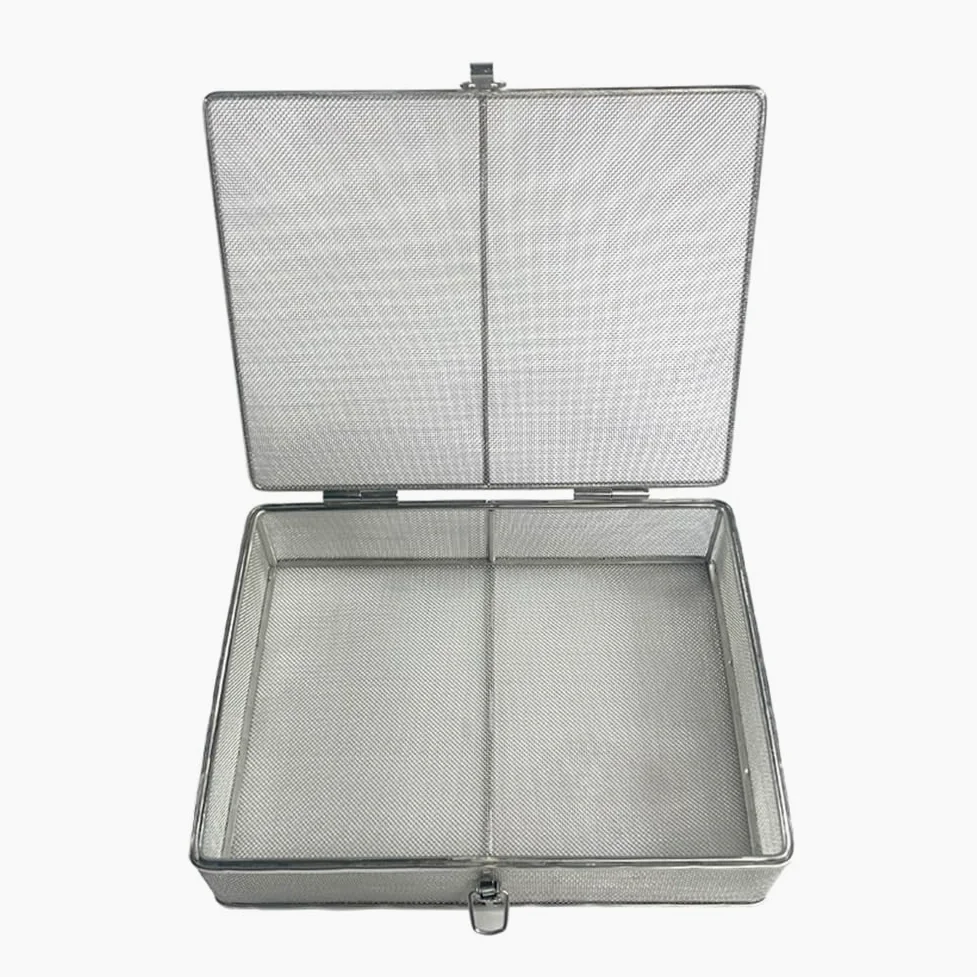Bandeja de instrumentos con tapa, cesta de malla de acero inoxidable para esterilización y limpieza de instrumentos quirúrgicos, estuche de suministros médicos, 40 x 30 x 7 cm