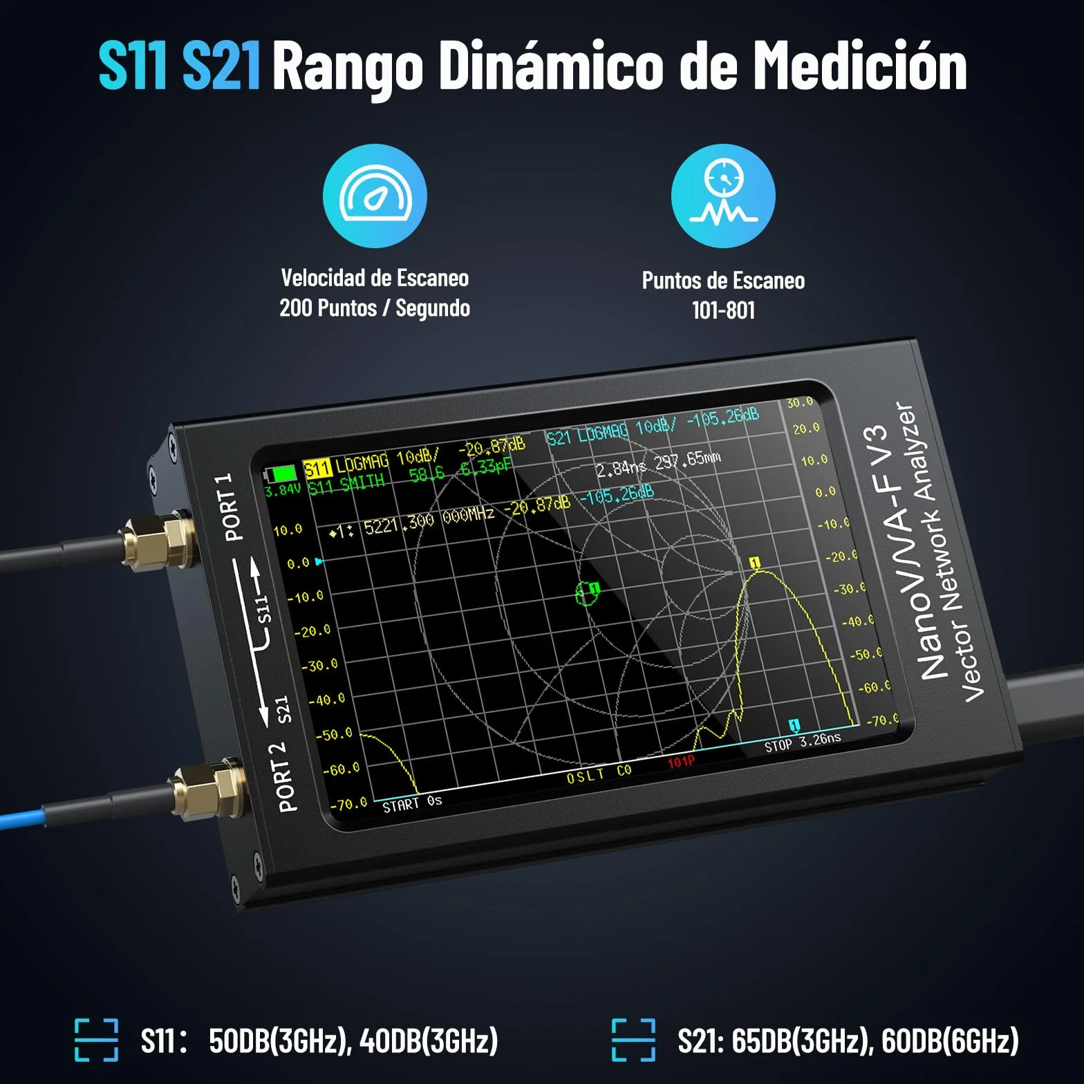 Seesii NanoVNA-F V3 Analizador Vectorial de Redes, 4,3'' Analizador de Antenas 1MHz-6GHz HF VHF UHF VNA para S-Parameter Voltaje SWR, Fase, Retardo, Smith Chart