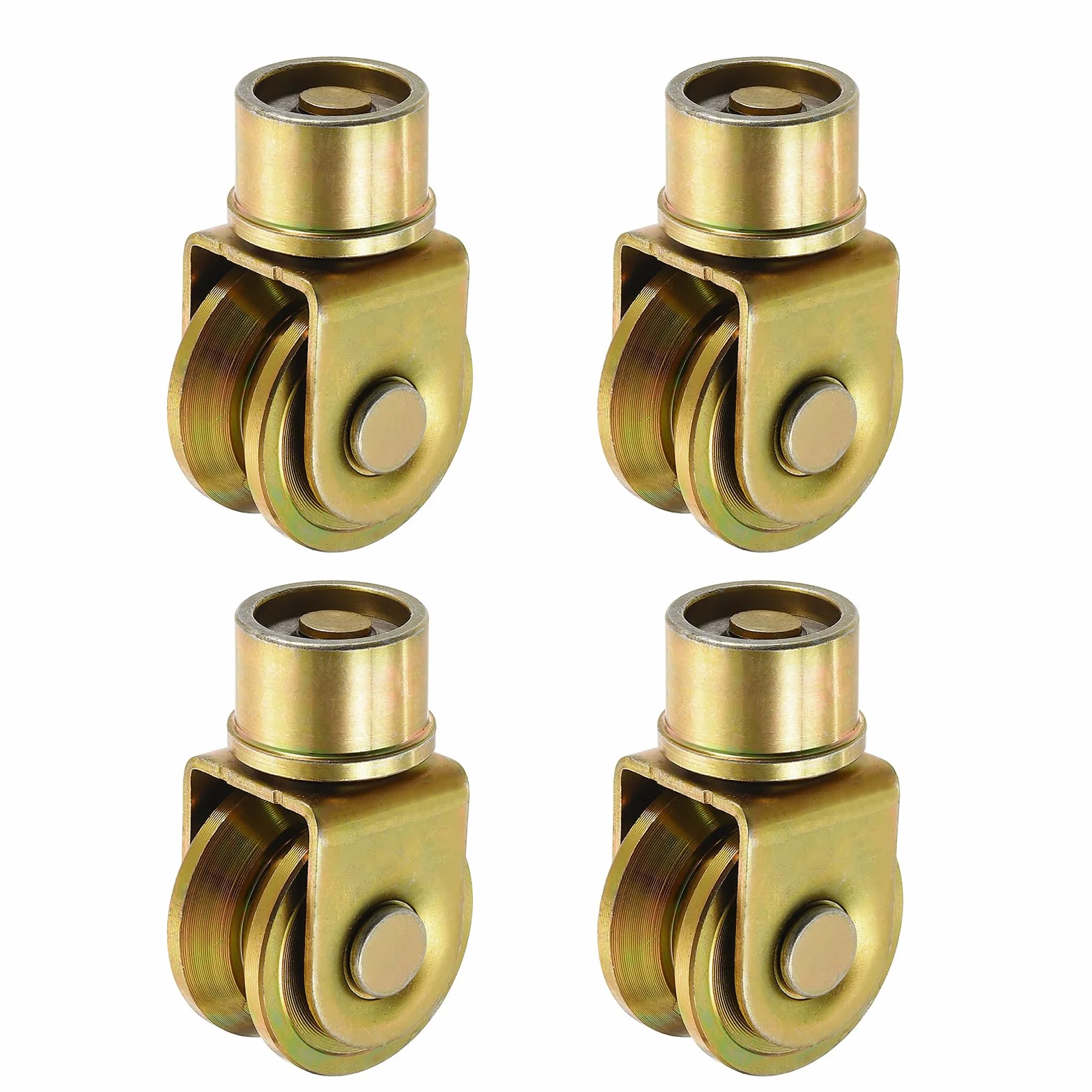 Ruedas de puerta corredera de 1.9 pulgadas, 4 unidades polea giratoria 360° ranura en V soporte riel, máquina industrial dorado
