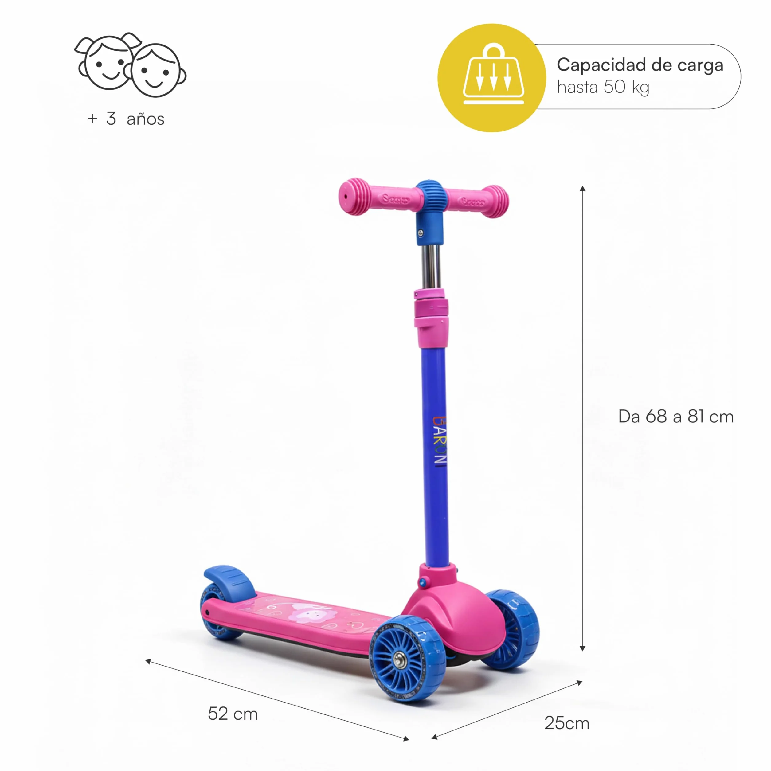 Baroni Toys Patinete 3 ruedas niños LED luminosas sin pilas manillar ajustable 3 alturas freno trasero 52x25x81 cm rosa