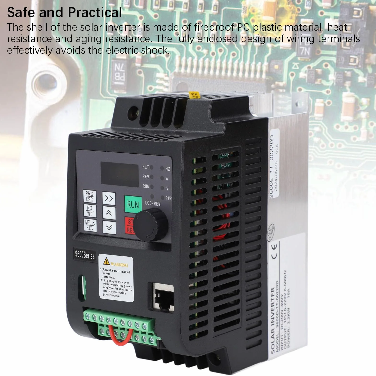 Inversor Solar Monofásico 2.2KW, Control de 8 Velocidades Entrada 200‑400VDC Salida 0‑220VAC Variador de Frecuencia con Controlador MPPT y Ventilador de Enfriamiento 24V DC
