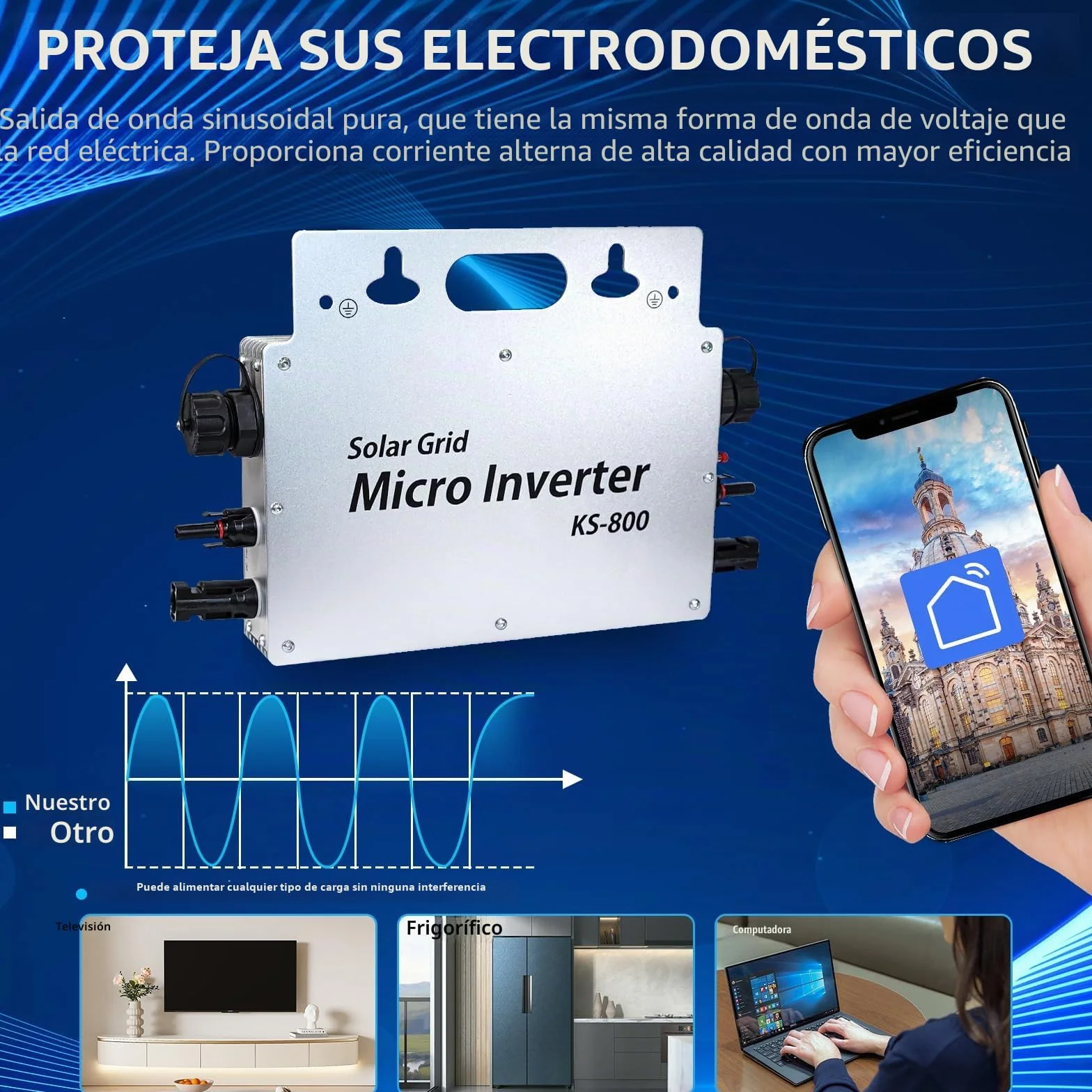Inversor PV de 800 W, IP65, Resistente al Agua, Inversor Solar con Aplicación WiFi para Plantas de Balcón, Microinversor para 2 Paneles Solares, Inversor de Energía para Hogar