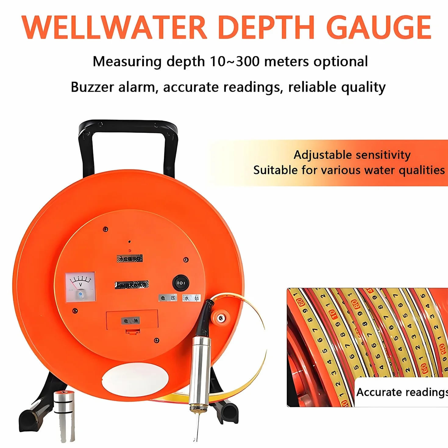 Medidor de nivel de agua subterránea, sonda de acero inoxidable y cinta métrica, medidor de profundidad de agua con zumbador y voltímetro para monitoreo de pozos y depósitos de hasta 150 m