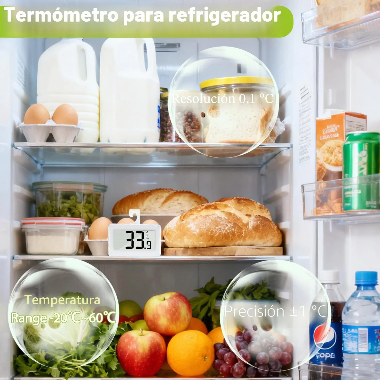 Kasanni Termómetro Nevera Congelador Digital con Pantalla Grande, Gancho y Fijación Magnética, Máx/Mín