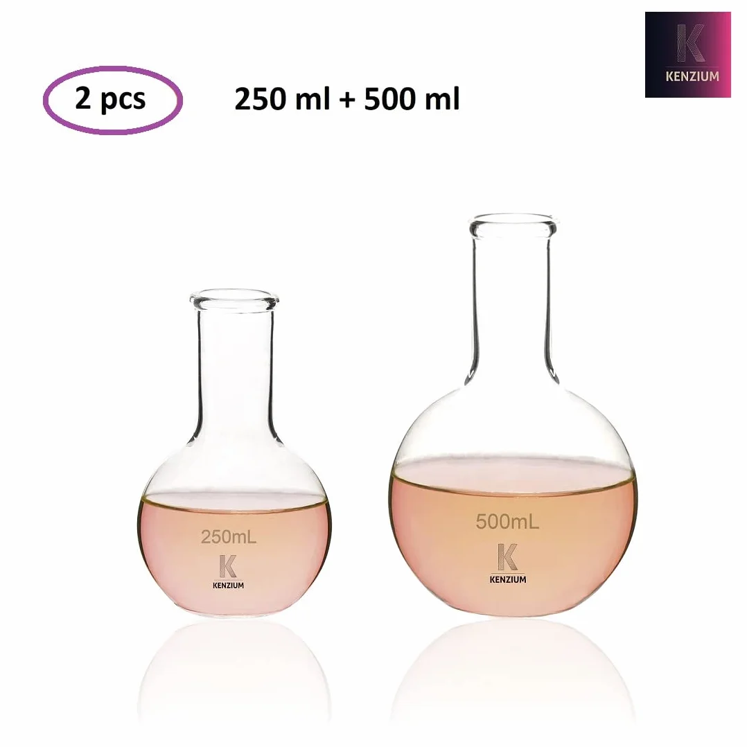 KENZIUM – 2 x Matraz Esférico de Fondo Plano | 1 x 250 ml & 1 x 500 ml | Vidrio Borosilicato 3.3 | Cuello Estrecho | Alta Resistencia, Ideal para Ebullición y Uso en Laboratorio