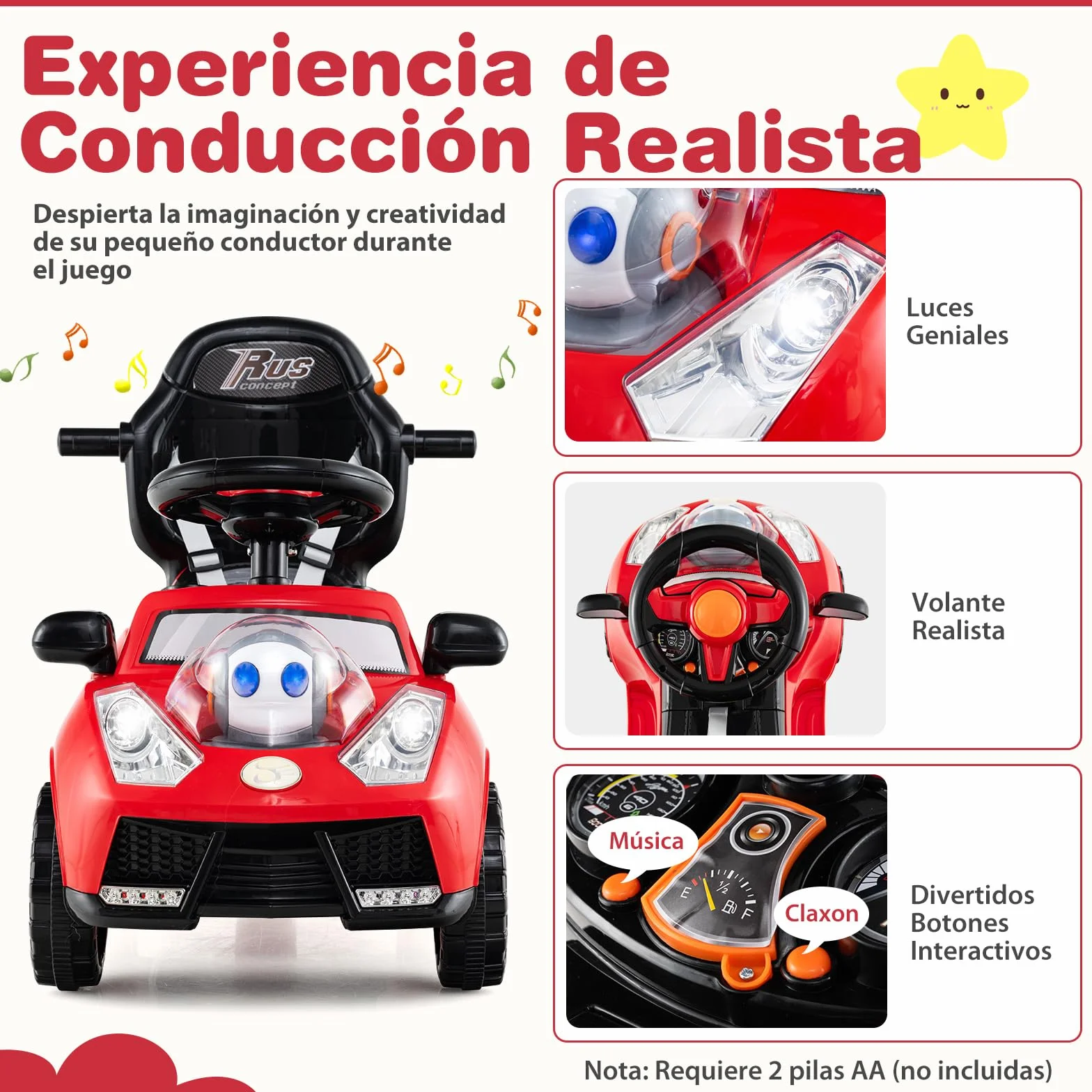 COSTWAY Coche Correpasillo 3 en 1 para Niños, Coche Empujable con Manillar, Bocina, Música, Luz y Cinturón de Seguridad, Juguete de Montar con Almacenaje y Manillar Parental (Rojo)
