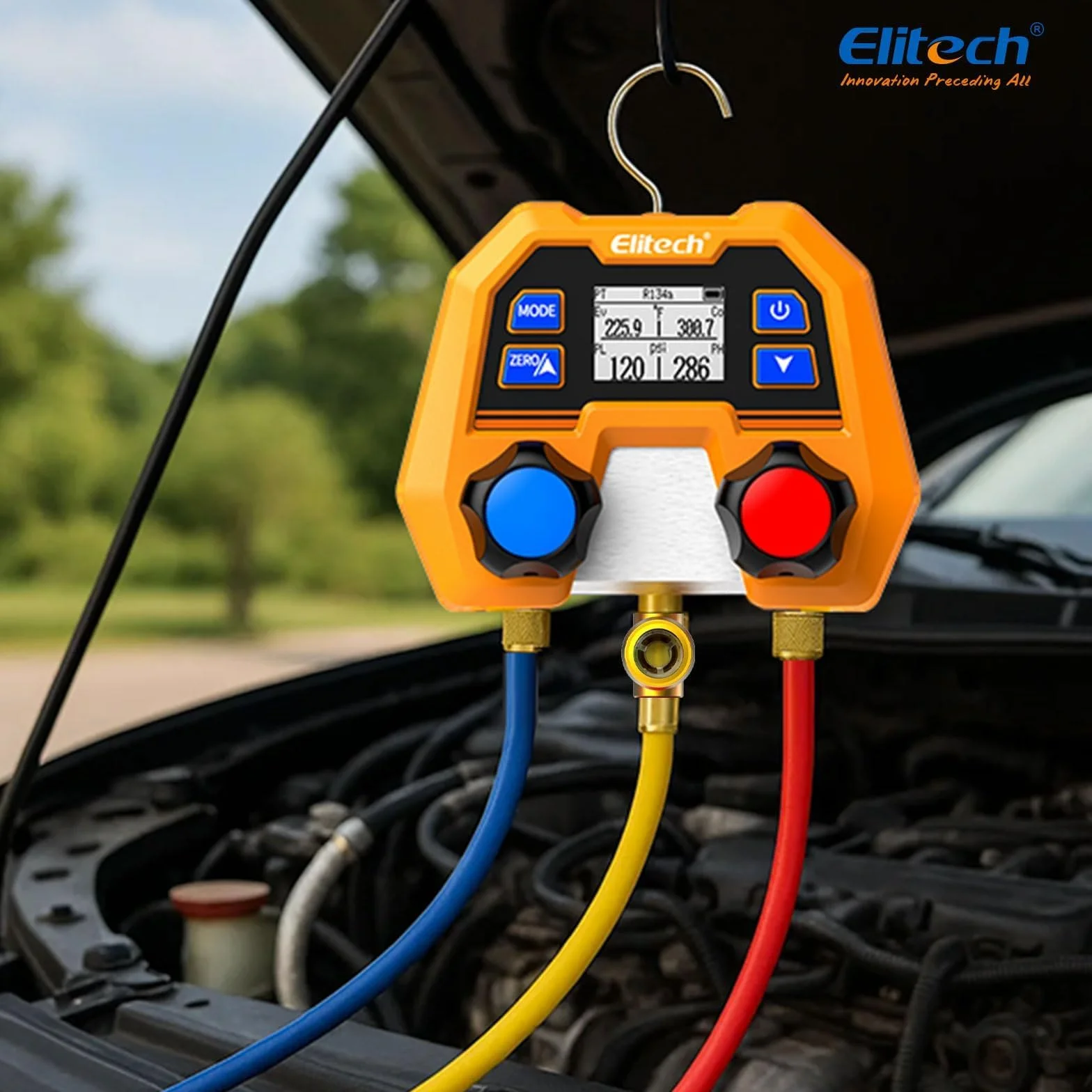 Elitech Manifold - Medidor de refrigerante 600 psi/41 bar ± 1% de precisión, 88 tipos de refrigerantes y medición de presión/temperatura, protección IP54 para sistemas de aire acondicionado