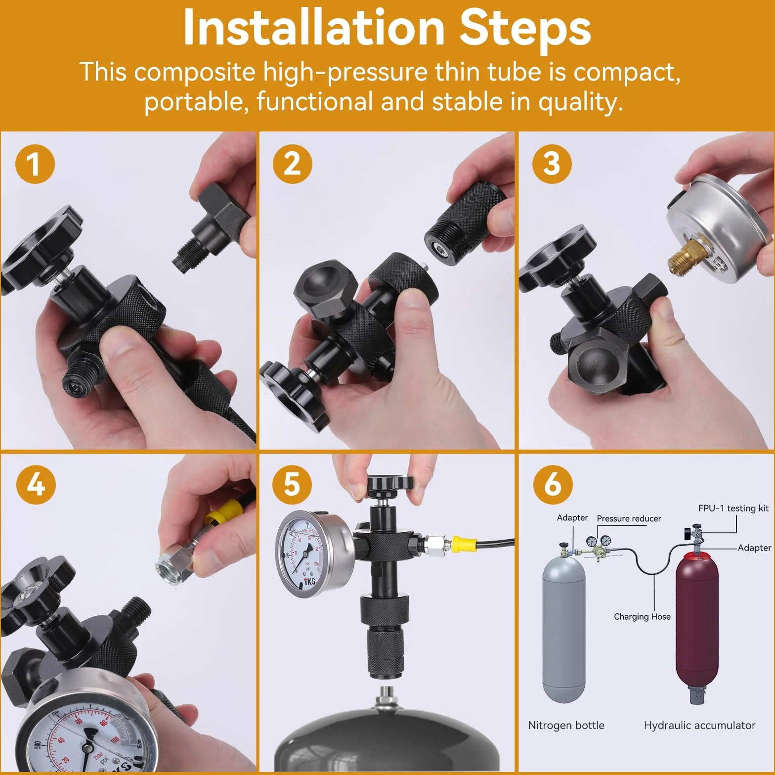 Kit de carga de acumulador de nitrógeno hidráulico, kit de llenado de nitrógeno, sistema de prueba de presión de nitrógeno con 7 acoplamientos, 3 manómetros (1500 PSI/4000 PSI/6000 PSI) y 1 manguera