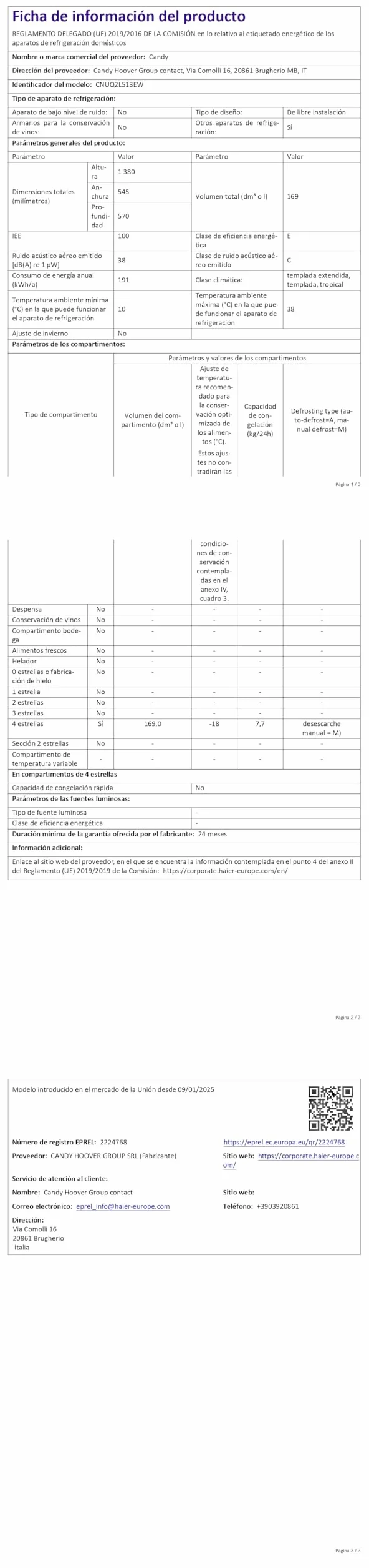 Candy Up Freezer 300 CNUQ2L513EW Congelador Vertical 55cm 169L 4 Cajones Blanco