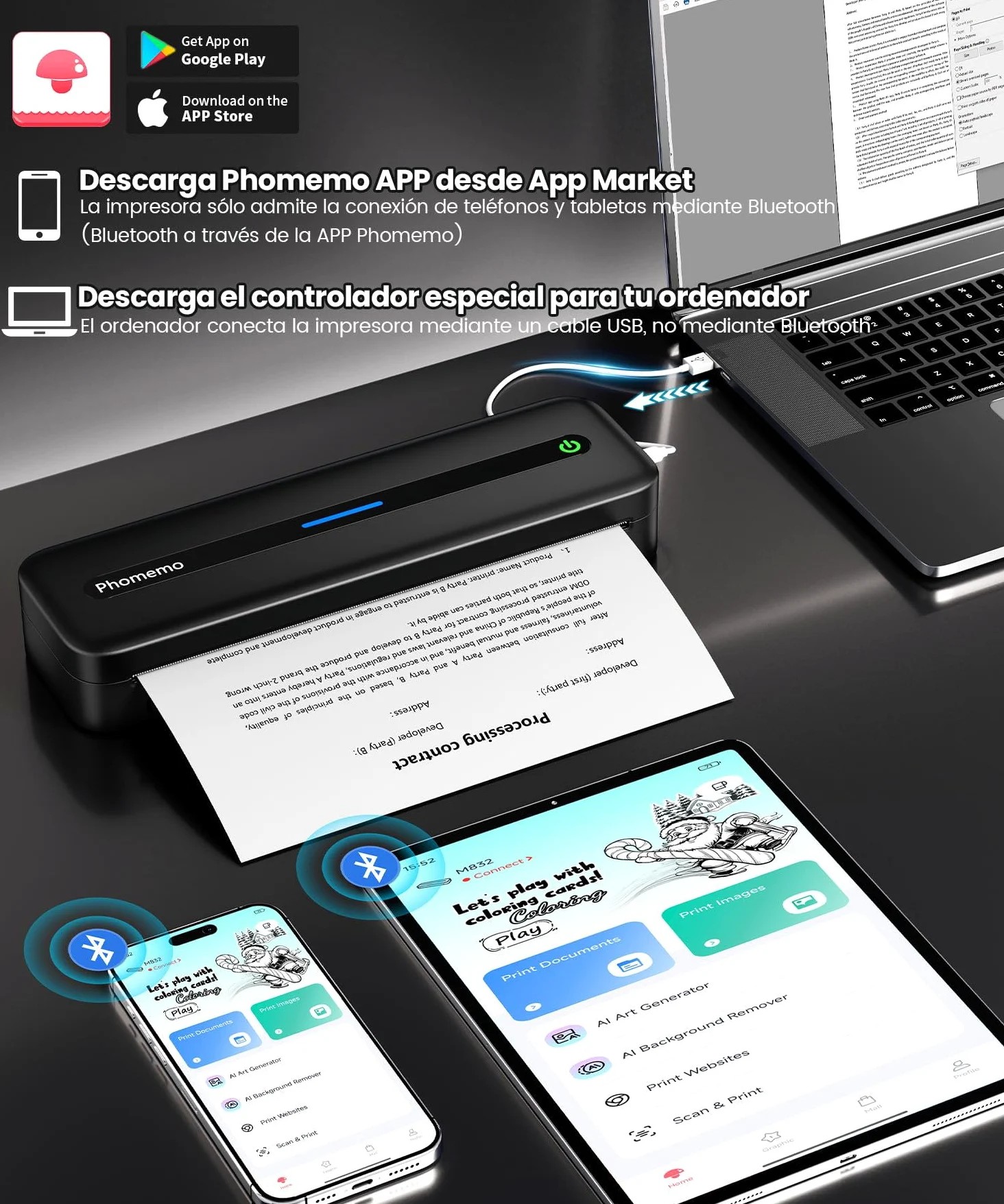Phomemo Impresora Termica A4, M832 Impresora Portátil Inalambrica Compatible con Smartphone y PC, para Viajar, Familia, Estudio, con Maletín de Transporte y 4 Rollos de Papel Térmico, Negro