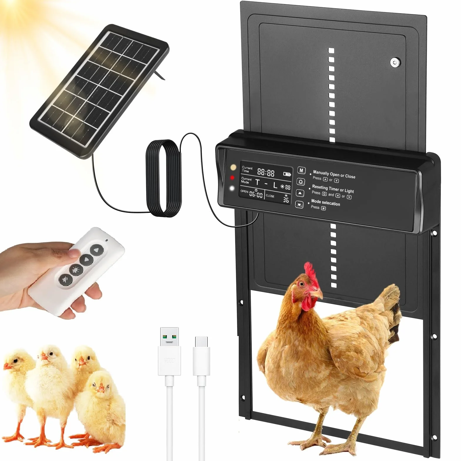 Puerta automática de gallinero solar IP45 aluminio con mando a distancia temporizador LED